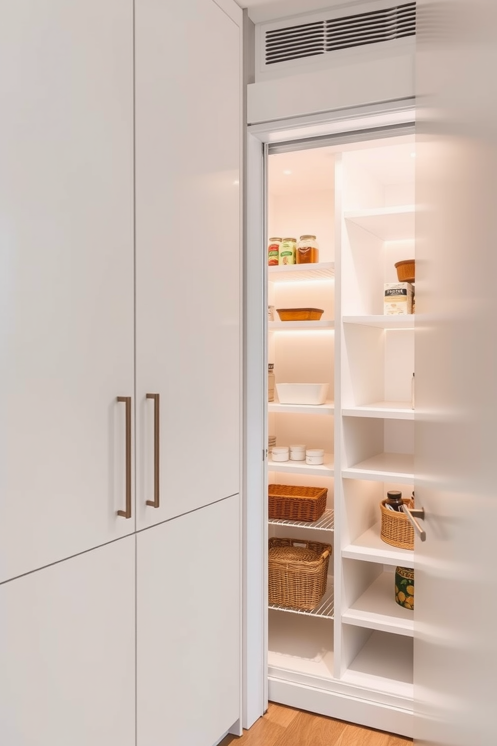 A modern condo pantry featuring sleek cabinetry with a minimalist design and under-shelf lighting to create a warm ambiance. The pantry includes open shelving for easy access to items, with a subtle color palette of soft whites and natural wood tones.