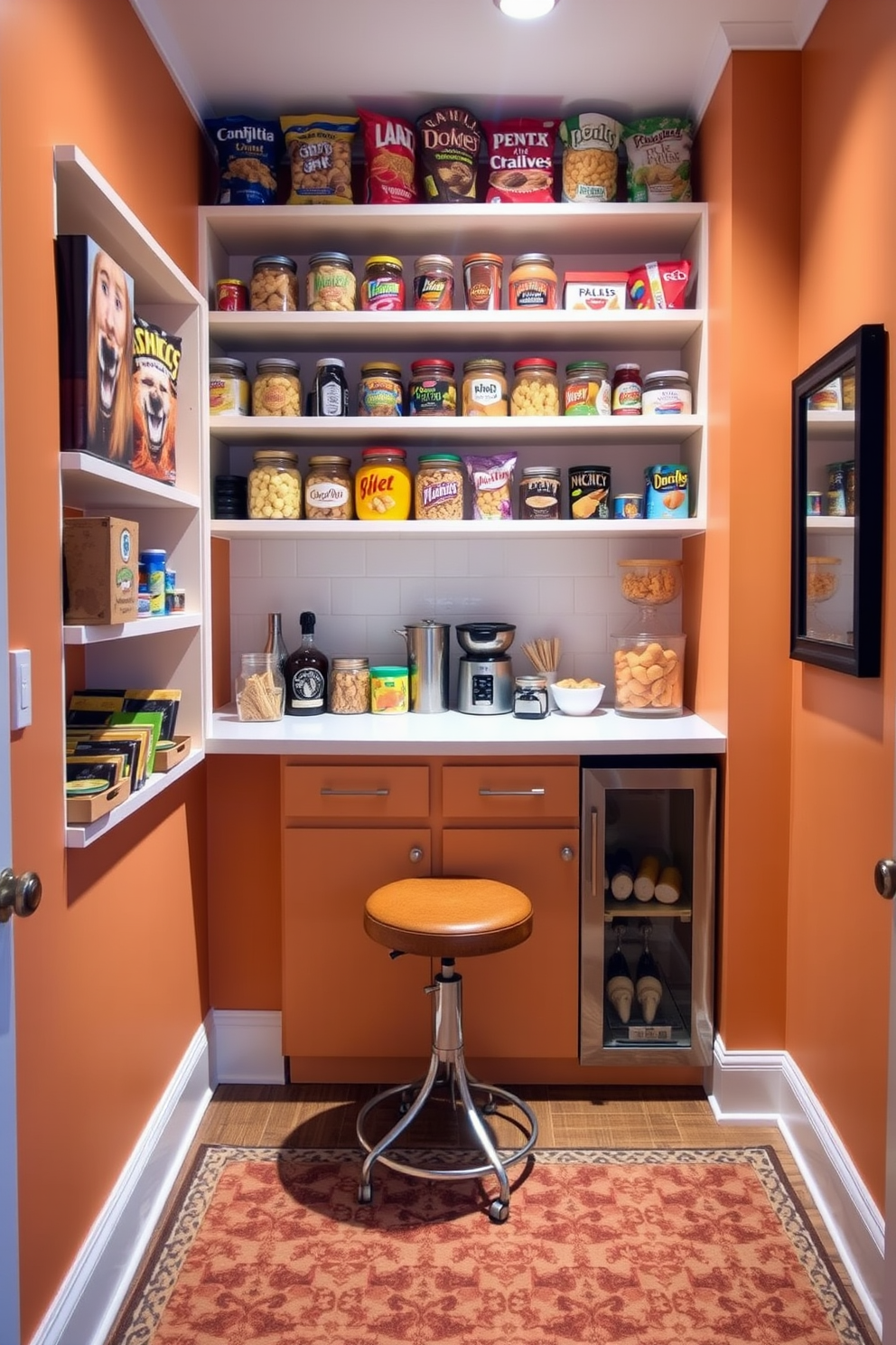 A cozy snack zone features open shelving filled with an array of colorful snacks and jars. A small, stylish countertop with a comfortable stool invites casual snacking and socializing. The walls are painted in a warm, inviting color, while the floor is adorned with a chic, patterned rug. Soft lighting highlights the shelves and creates an inviting atmosphere for family and friends.