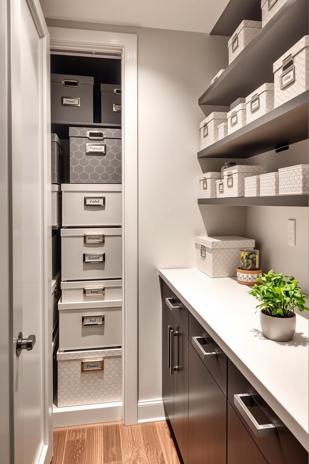 A chic condo pantry featuring decorative boxes for stylish storage. The pantry is organized with various sizes of beautifully designed boxes, each labeled for easy access. The walls are painted in a soft neutral tone, creating a warm and inviting atmosphere. A sleek countertop runs along one side, complemented by a small potted herb garden for added freshness.