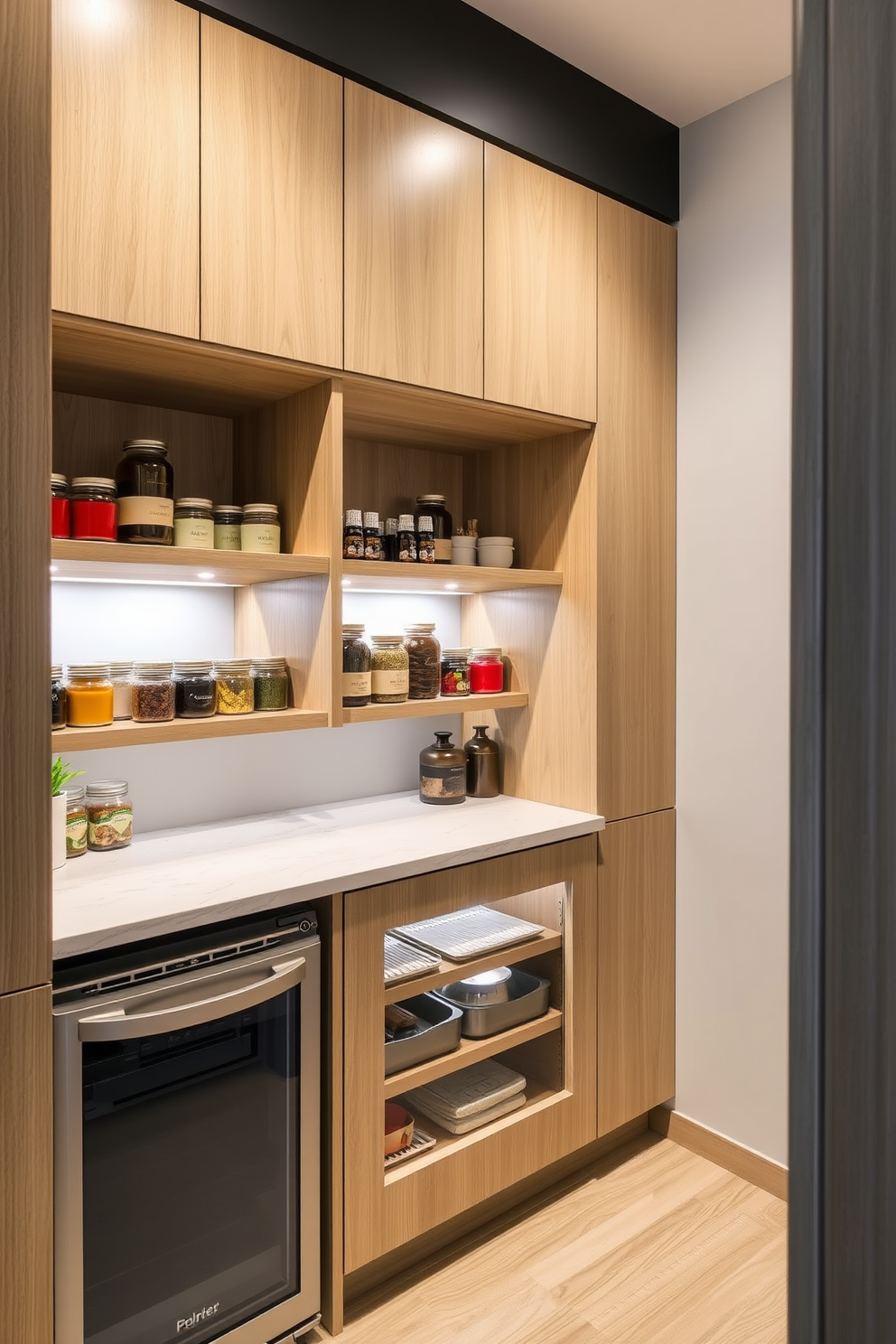 A stylish condo pantry featuring sleek cabinetry in a light oak finish. The design includes a small fridge seamlessly integrated into the cabinetry for added convenience. Open shelves display neatly organized jars and containers, while a chic countertop provides space for meal prep. Soft under-cabinet lighting highlights the pantry's modern aesthetic and enhances functionality.