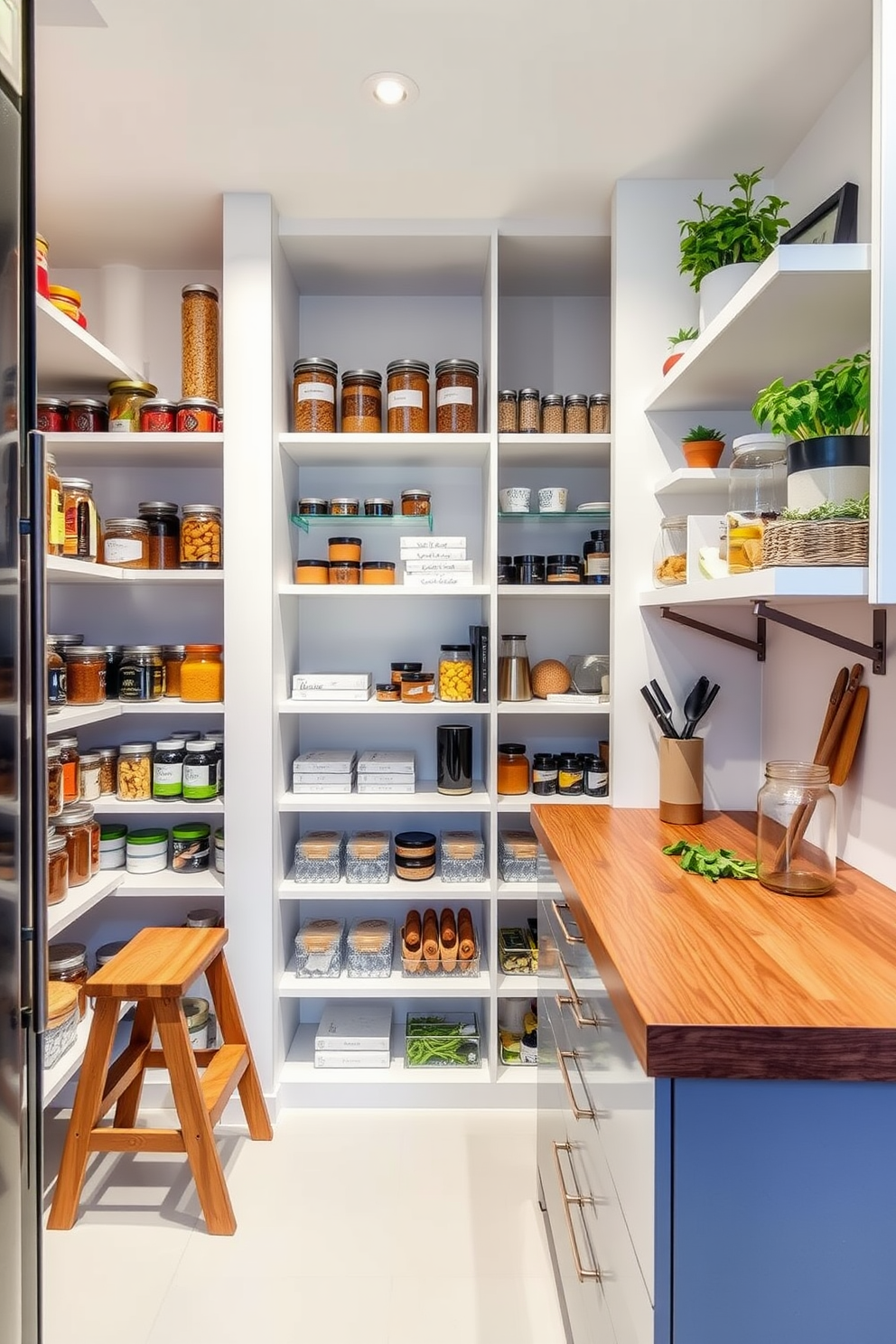 A cozy coffee station nestled in a modern pantry. The space features sleek cabinetry in a soft white finish, with open shelves displaying an array of coffee mugs and artisanal coffee beans. A built-in espresso machine sits on the countertop alongside a stylish kettle. The walls are painted in a warm taupe, and a small rug with a geometric pattern adds a touch of comfort underfoot.