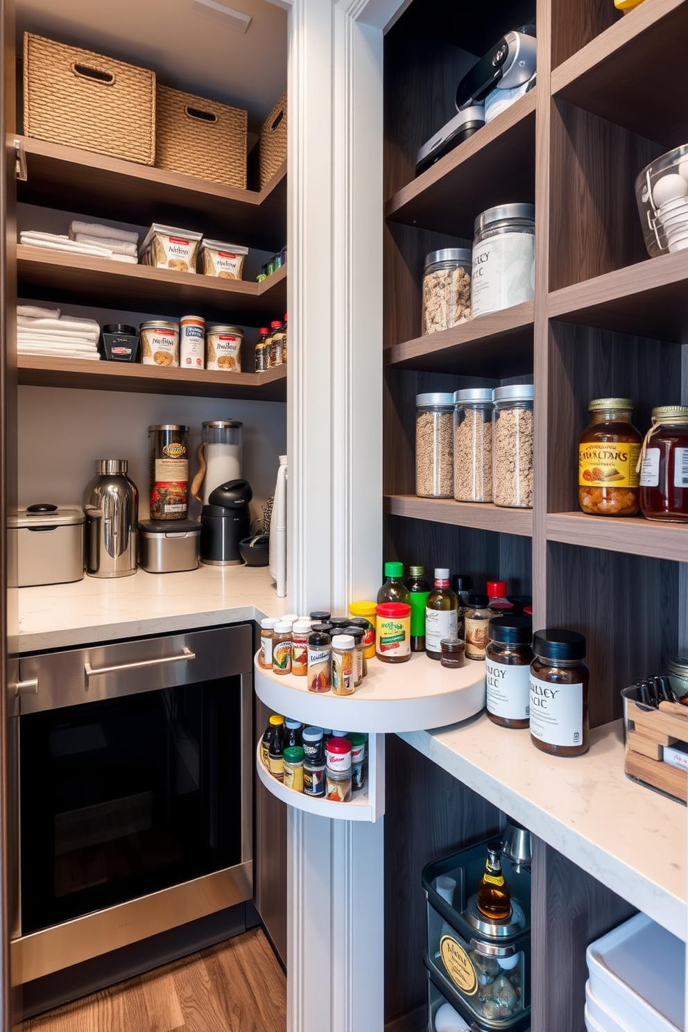 A modern condo pantry with sleek cabinetry and open shelving creates an inviting atmosphere. The use of mirrors on the back wall reflects light and enhances the sense of spaciousness. The pantry features a minimalist design with a combination of wood and metal finishes. Stylish glass jars and baskets are organized neatly on the shelves, adding both functionality and aesthetic appeal.