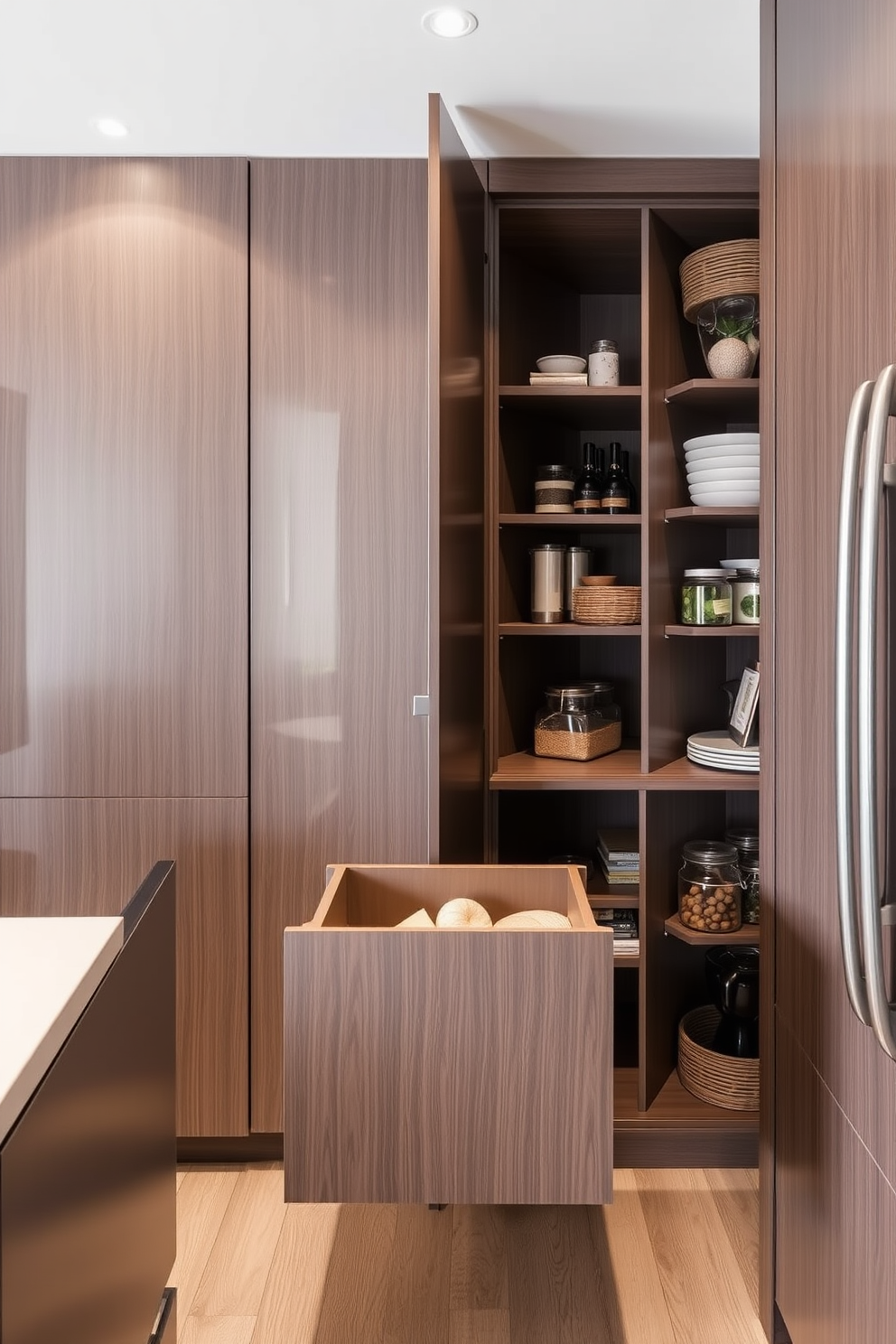 A modern condo pantry featuring a compact herb garden integrated into the design. The shelves are lined with glass jars filled with various spices, while a small wooden planter holds fresh herbs like basil and rosemary. The pantry walls are painted in a soft white to enhance brightness, and the flooring is a light oak that adds warmth. A sleek countertop provides space for meal prep, complemented by stylish pendant lighting above.