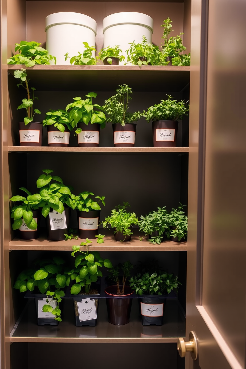 A modern condo pantry featuring under-shelf baskets for extra storage. The walls are painted in a soft gray, and the shelves are made of sleek white wood, maximizing space efficiency.