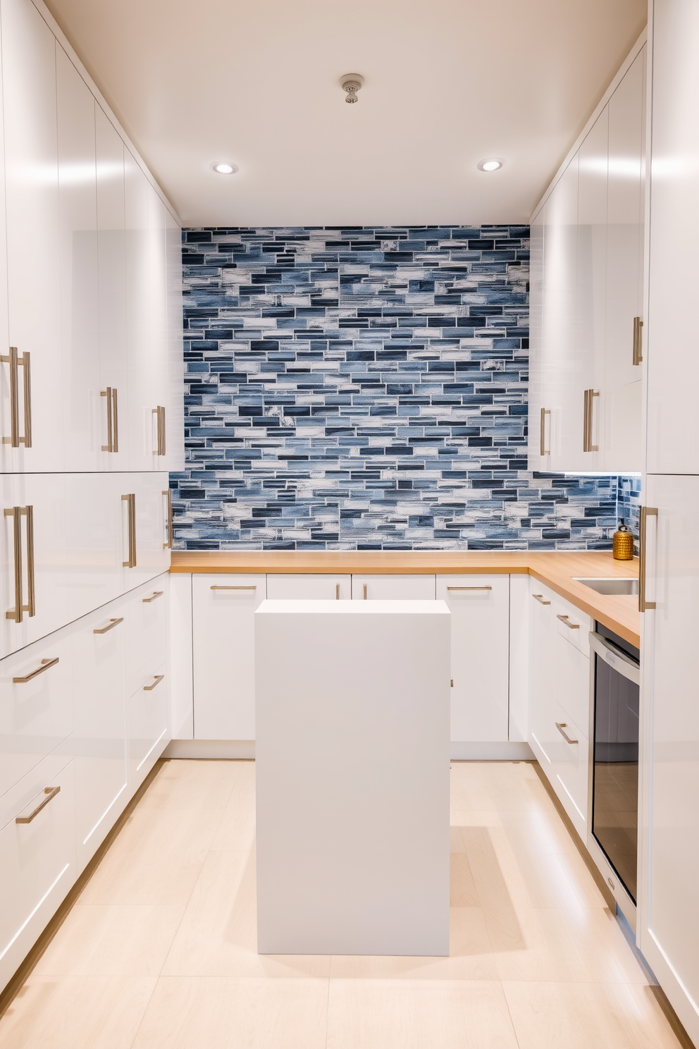 A modern condo pantry featuring sleek cabinetry with a mix of open and closed storage. A step stool is positioned next to the shelves, providing easy access to items stored on the higher shelves. The pantry walls are painted in a soft gray, enhancing the bright white cabinetry. A stylish pendant light hangs from the ceiling, illuminating the space and creating a warm ambiance.