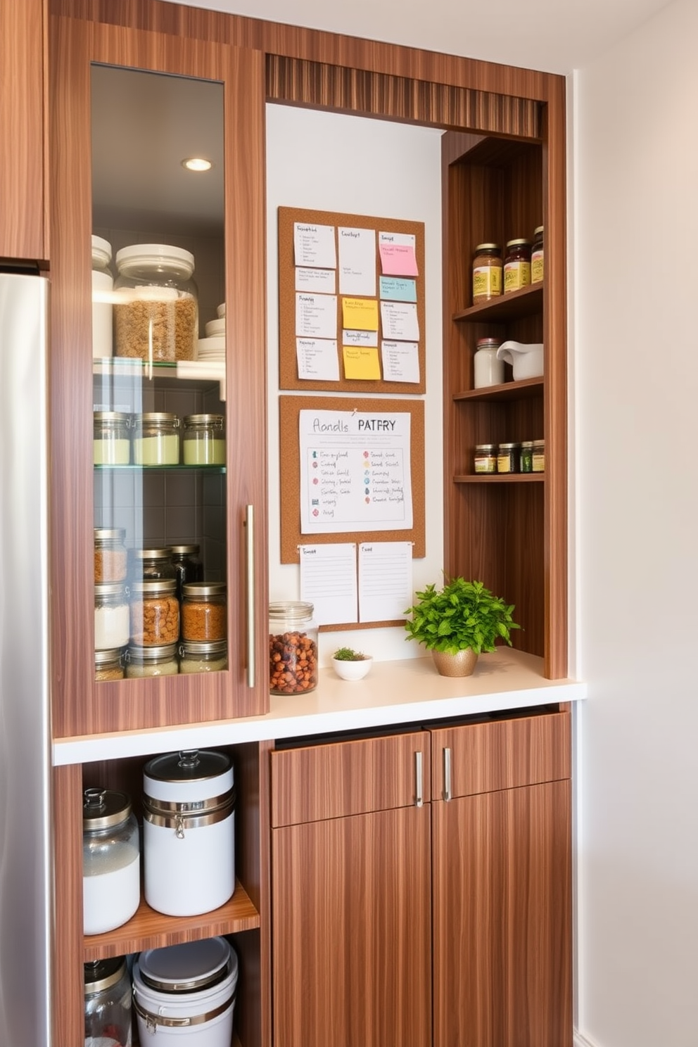 A stylish condo pantry featuring a sleek rolling cart for easy mobility. The pantry is organized with open shelving displaying an array of colorful jars and containers, complemented by a modern backsplash in a soft gray tone.