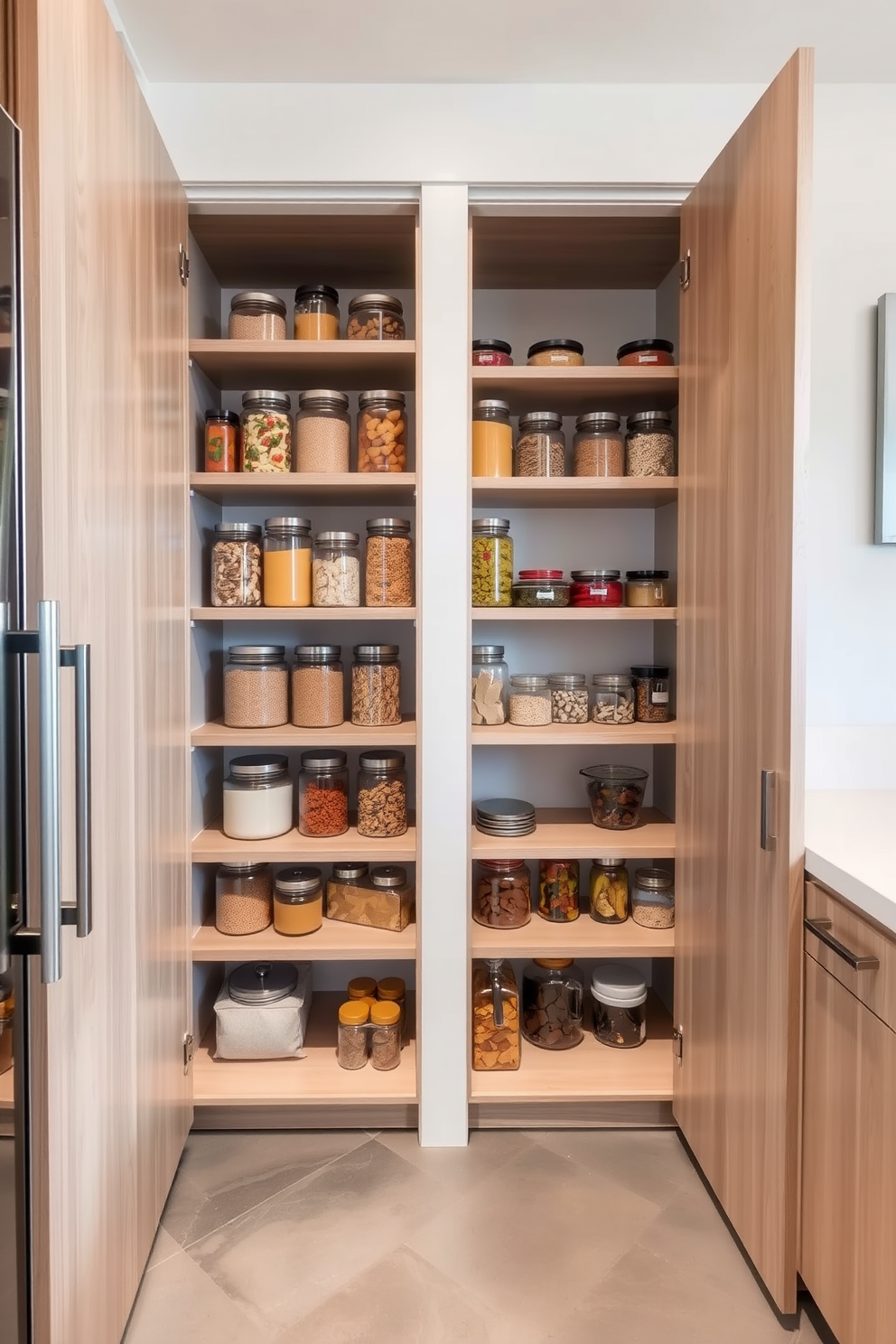 A stylish condo pantry featuring open shelving made of light wood, showcasing an array of clear glass jars filled with colorful dry goods for easy visibility. The walls are painted in a soft white hue, and the floor is adorned with sleek gray tiles, enhancing the modern aesthetic.