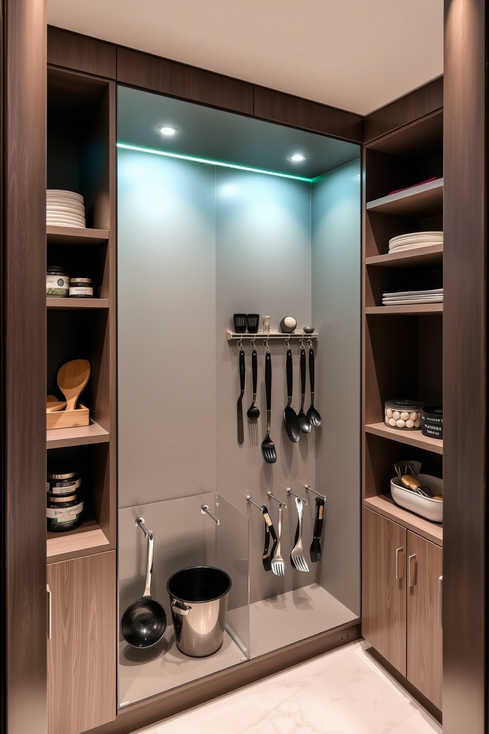 A modern condo pantry featuring sleek cabinetry with open shelving for displaying kitchen utensils. The design incorporates hooks for hanging utensils, maximizing space while maintaining an organized and stylish look.