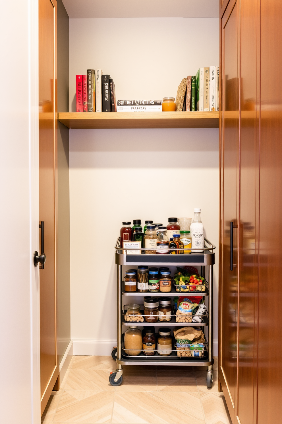 A cozy condo pantry featuring a small rolling cart for added storage and convenience. The cart is filled with neatly organized jars of spices, oils, and snacks, complementing the sleek cabinetry. The pantry walls are painted in a soft cream color, creating a warm and inviting atmosphere. Natural wood shelves above the cart display cookbooks and decorative items, enhancing the overall aesthetic.