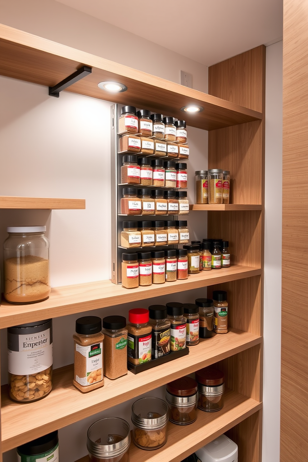 A modern condo pantry with built-in lighting that illuminates the space effectively. The cabinetry features sleek white finishes and minimalist hardware, creating a clean and organized look. Open shelving displays a curated selection of jars and cookbooks, adding both functionality and style. The countertops are made of polished quartz, providing ample workspace while enhancing the overall brightness of the pantry.