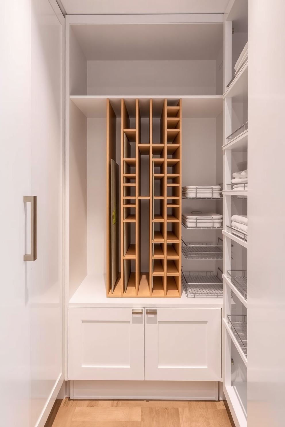 A modern condo pantry featuring magnetic spice racks mounted on the inside of the cabinet doors. The sleek design incorporates open shelving for easy access to frequently used items, with a neutral color palette that enhances the space's functionality.