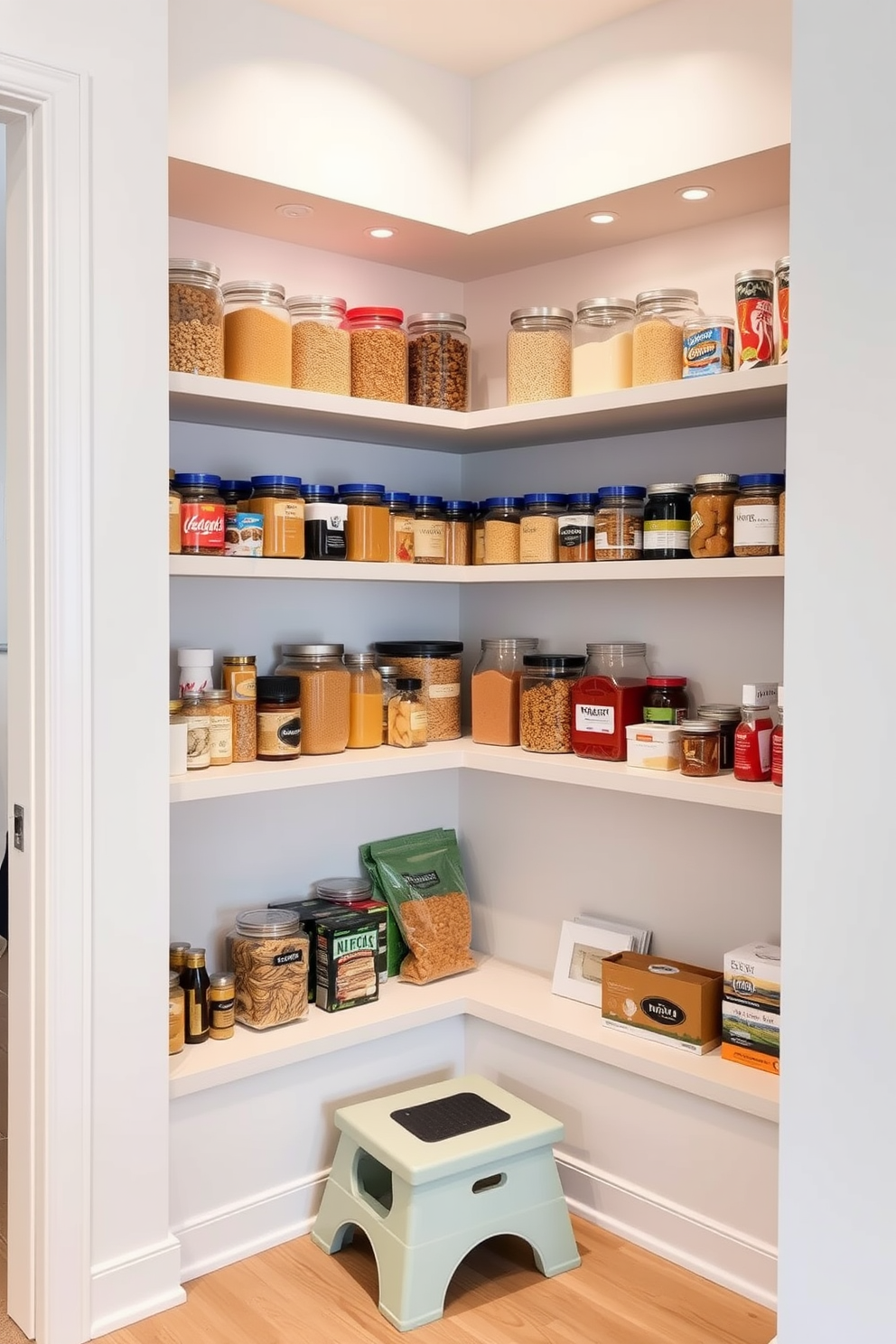 A modern condo pantry featuring corner shelves designed for optimal space utilization. The shelves are filled with neatly organized jars and containers, showcasing a variety of grains, spices, and snacks. The walls are painted in a light, airy color, enhancing the sense of openness. A small, stylish step stool is placed nearby for easy access to the upper shelves, adding functionality to the design.