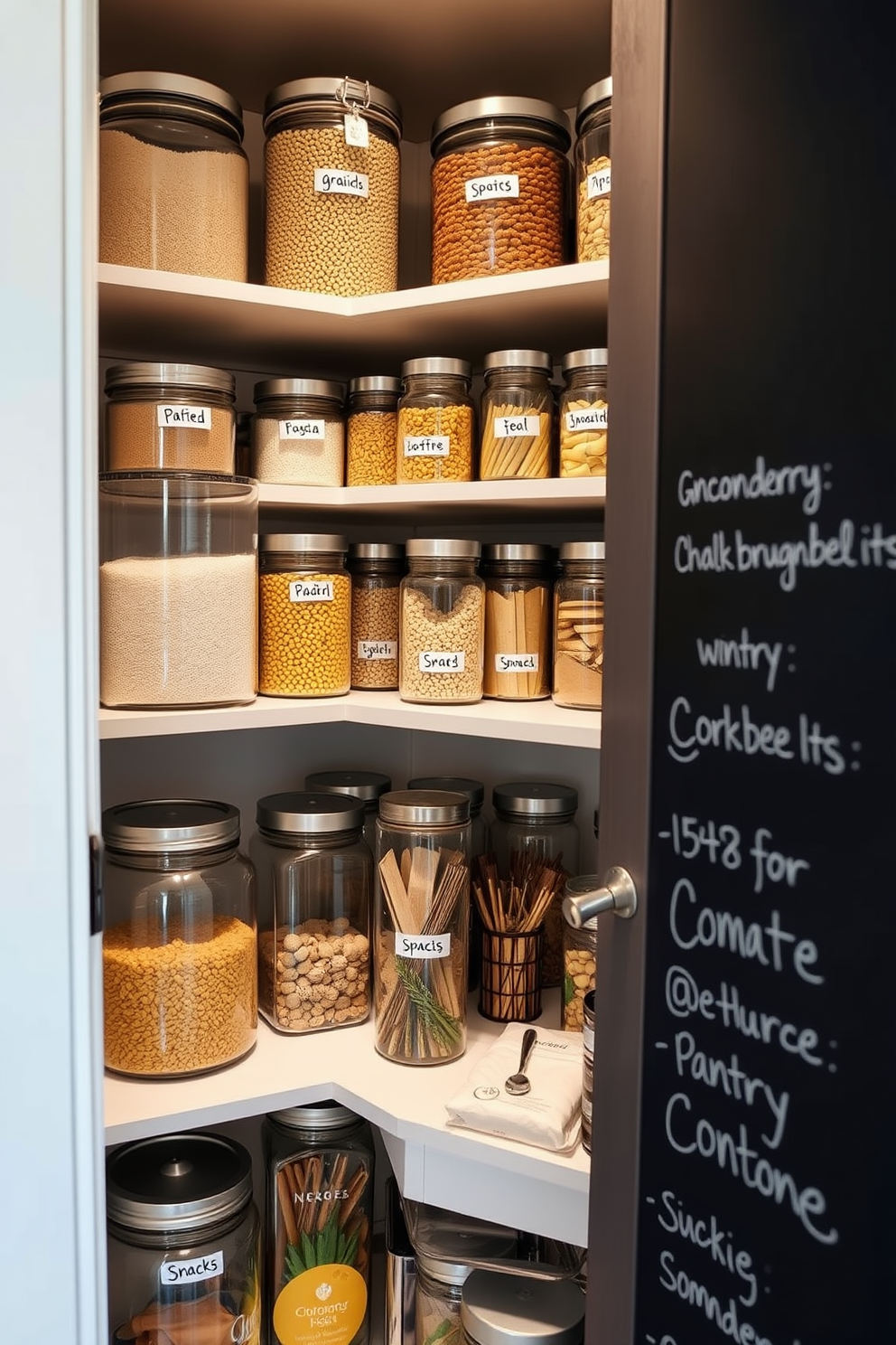 A modern condo pantry featuring labeled containers for organized storage. The shelves are lined with clear glass jars filled with grains, pasta, and snacks, each clearly marked for easy access. A sleek design with a neutral color palette enhances the functionality of the space. The pantry door is equipped with a chalkboard for jotting down grocery lists and reminders.