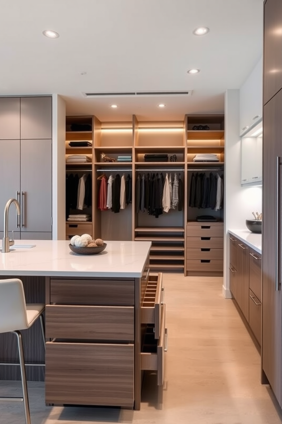 A spacious island with storage drawers is the centerpiece of this modern condo kitchen. The island features a sleek quartz countertop and is surrounded by stylish bar stools for casual dining. The walk-in closet is designed with ample shelving and hanging space to accommodate a variety of clothing and accessories. Soft lighting enhances the elegant finishes of the cabinetry, creating a luxurious and organized environment.