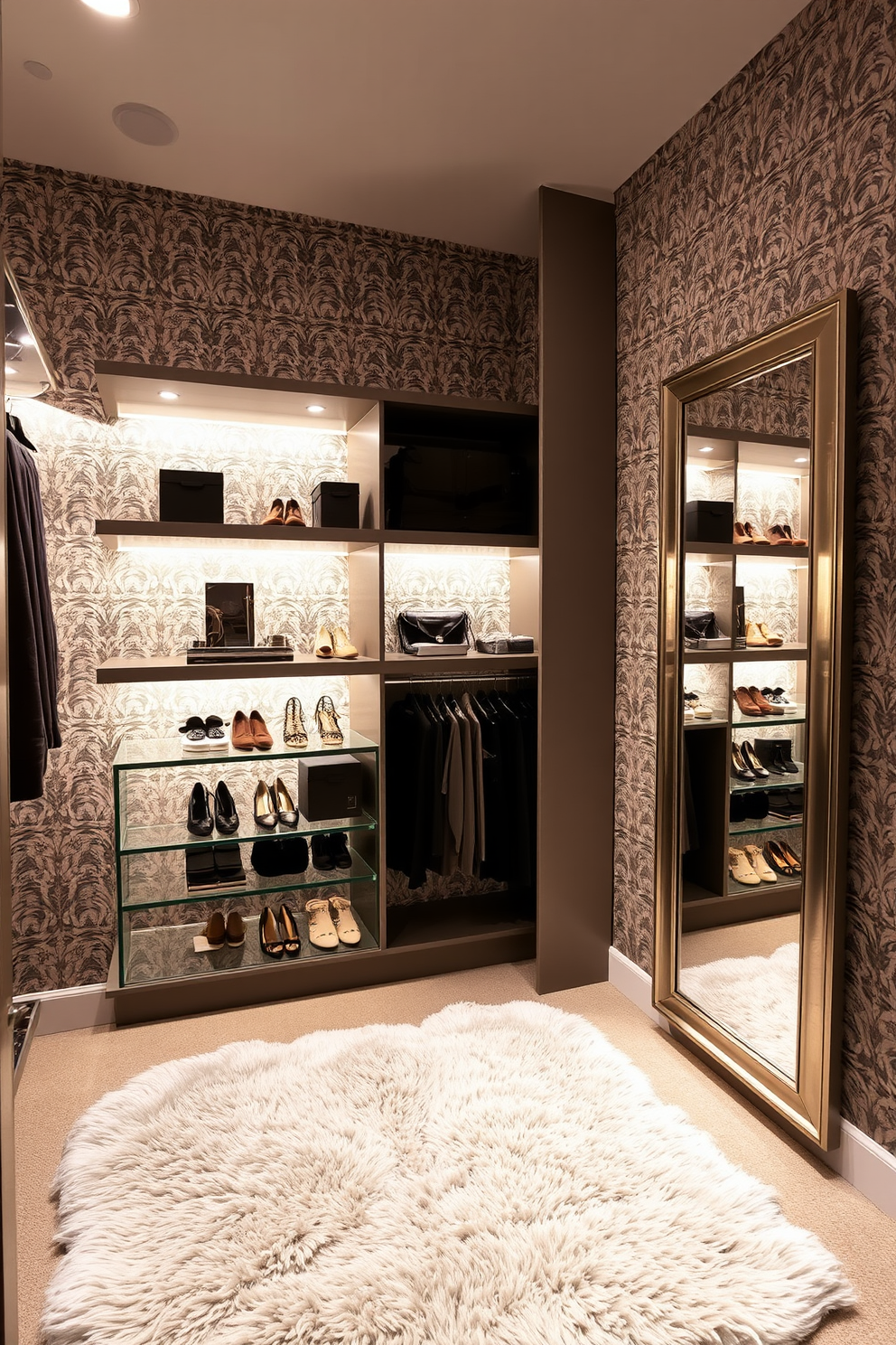 A chic walk-in closet featuring an accent wall adorned with elegant wallpaper. The space is illuminated by soft lighting, highlighting the organized shelves filled with neatly arranged shoes and accessories. A plush area rug lies underfoot, adding warmth to the modern design. The opposite wall showcases a full-length mirror framed in a sleek finish, enhancing the overall sense of luxury.