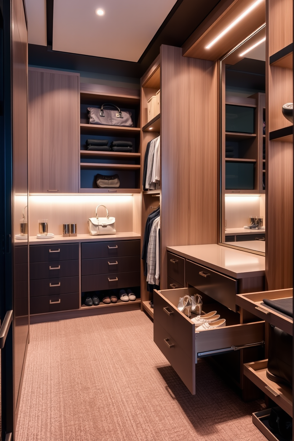 A stylish condo walk-in closet features pull-out accessories for convenience and organization. The design includes custom shelves and drawers, allowing easy access to shoes, bags, and accessories. Soft lighting enhances the space, while a large mirror reflects the elegant finishes. A cozy seating area invites relaxation, completing the chic atmosphere of the closet.