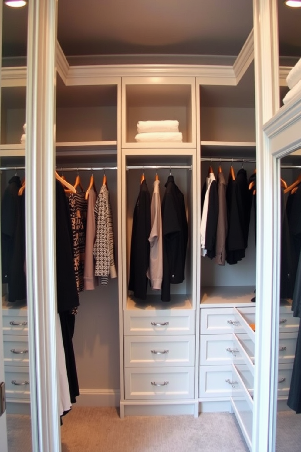 A stylish walk-in closet featuring hanging rods at varying heights to accommodate different clothing lengths. The space is organized with built-in shelves and drawers, creating a functional yet elegant atmosphere.