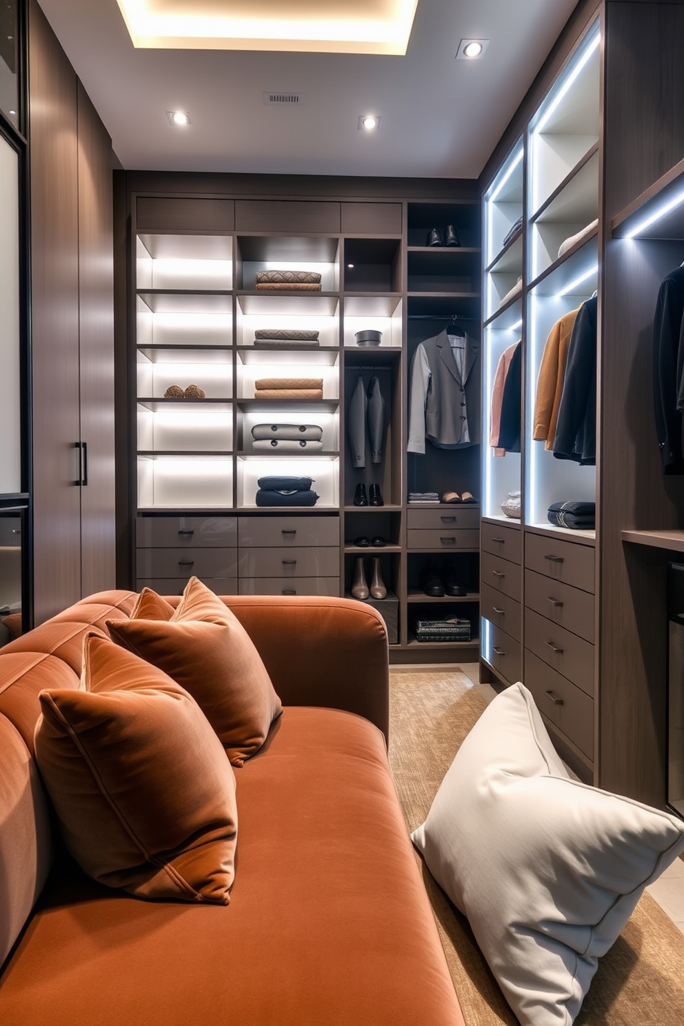 A stylish walk-in closet designed for a modern condo featuring pull-out shoe racks for organized footwear. The racks are neatly arranged along one wall, allowing for easy access and visibility of all shoe options. The closet includes ample shelving and hanging space, with a sleek, minimalist aesthetic. Soft, ambient lighting enhances the overall elegance, creating a welcoming atmosphere for daily use.