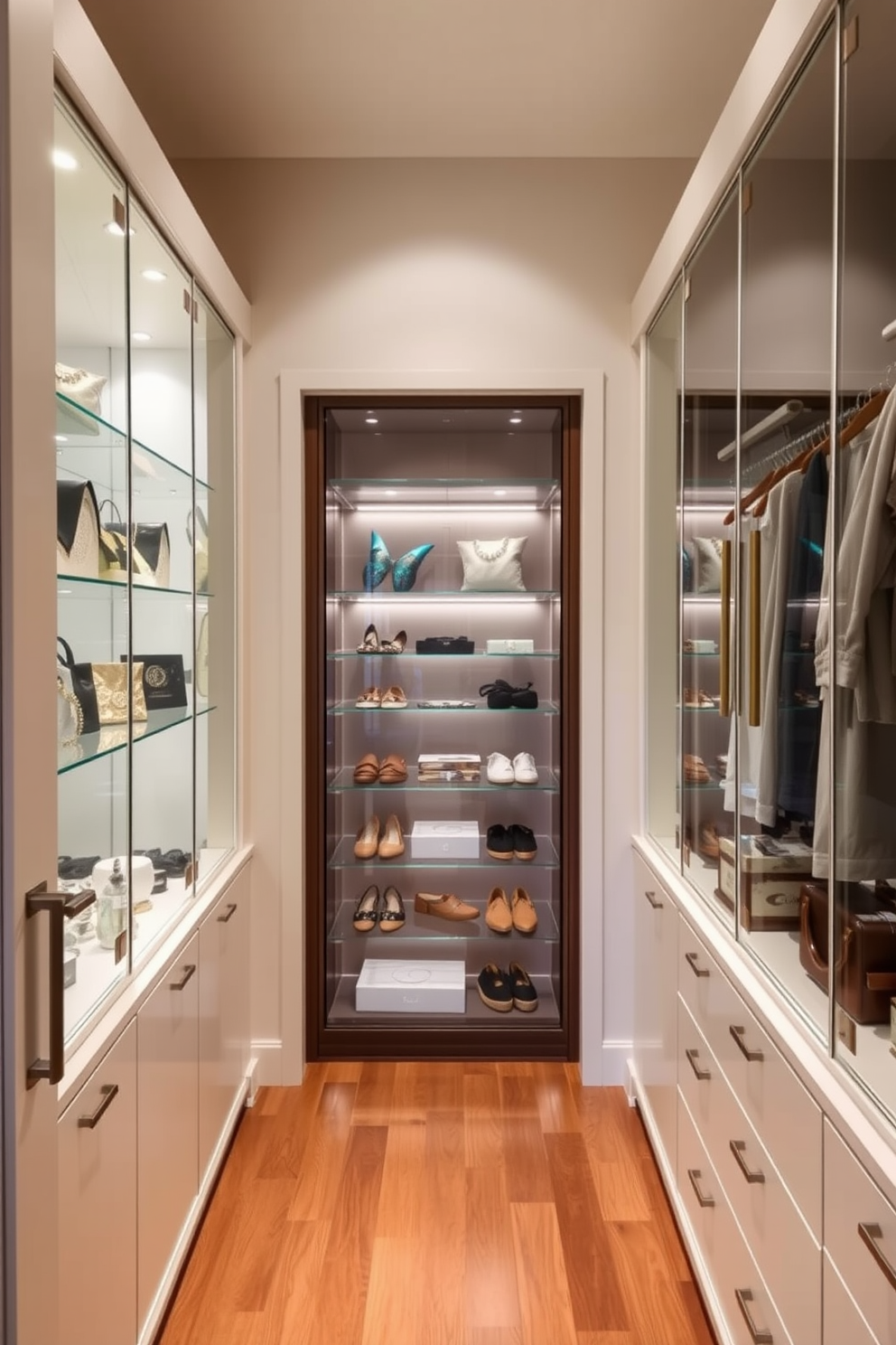 A chic walk-in closet featuring sleek glass display cases showcasing a variety of accessories. The walls are painted in a soft neutral tone, while the flooring is a polished hardwood that adds warmth to the space.