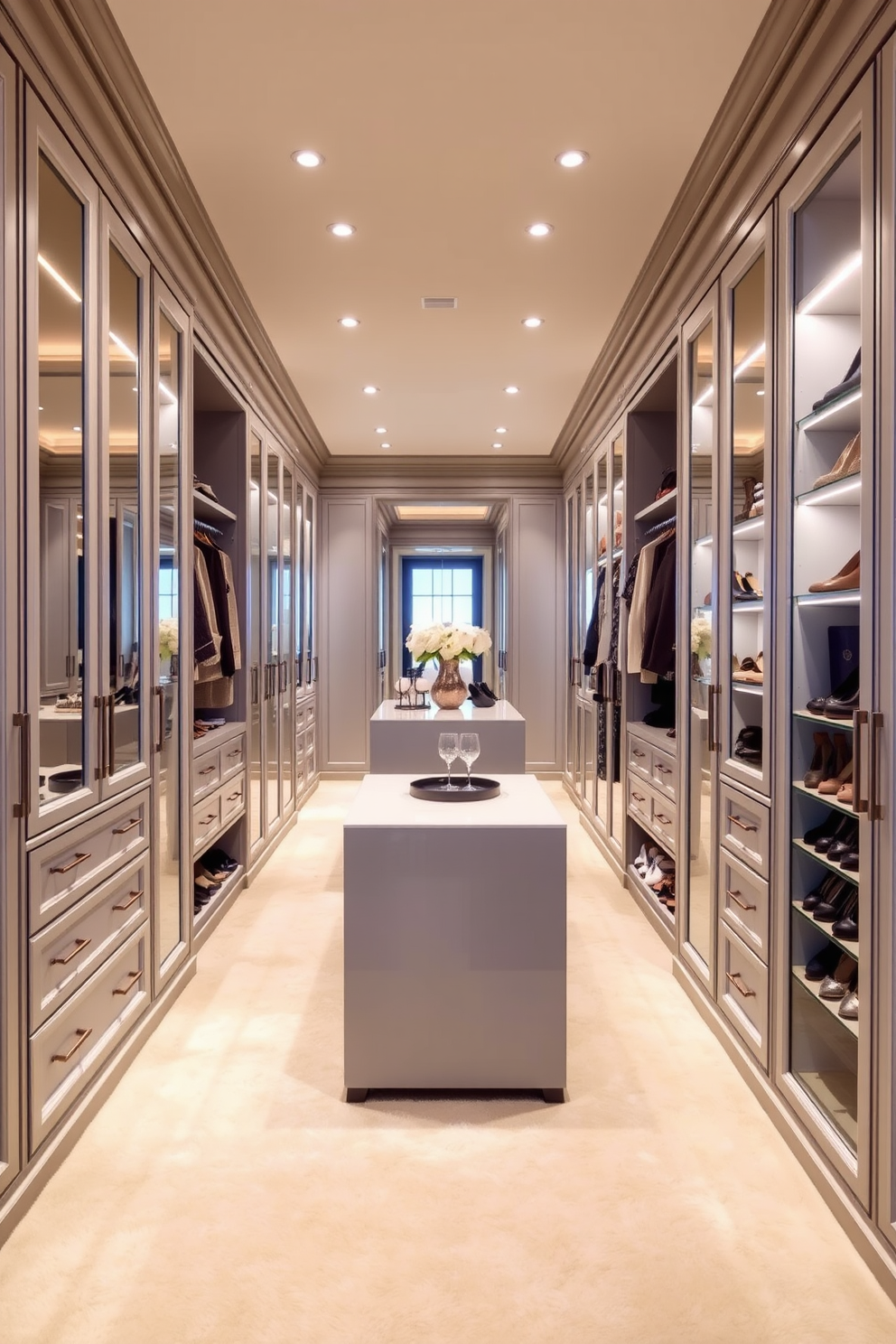 A luxurious walk-in closet featuring a full-length mirror that reflects the elegant space. The walls are lined with custom cabinetry in a soft gray finish, and the flooring is a plush cream carpet that adds warmth. In the center, a chic island offers additional storage and a stylish seating area. Ambient lighting highlights the carefully curated display of shoes and accessories, creating an inviting atmosphere.