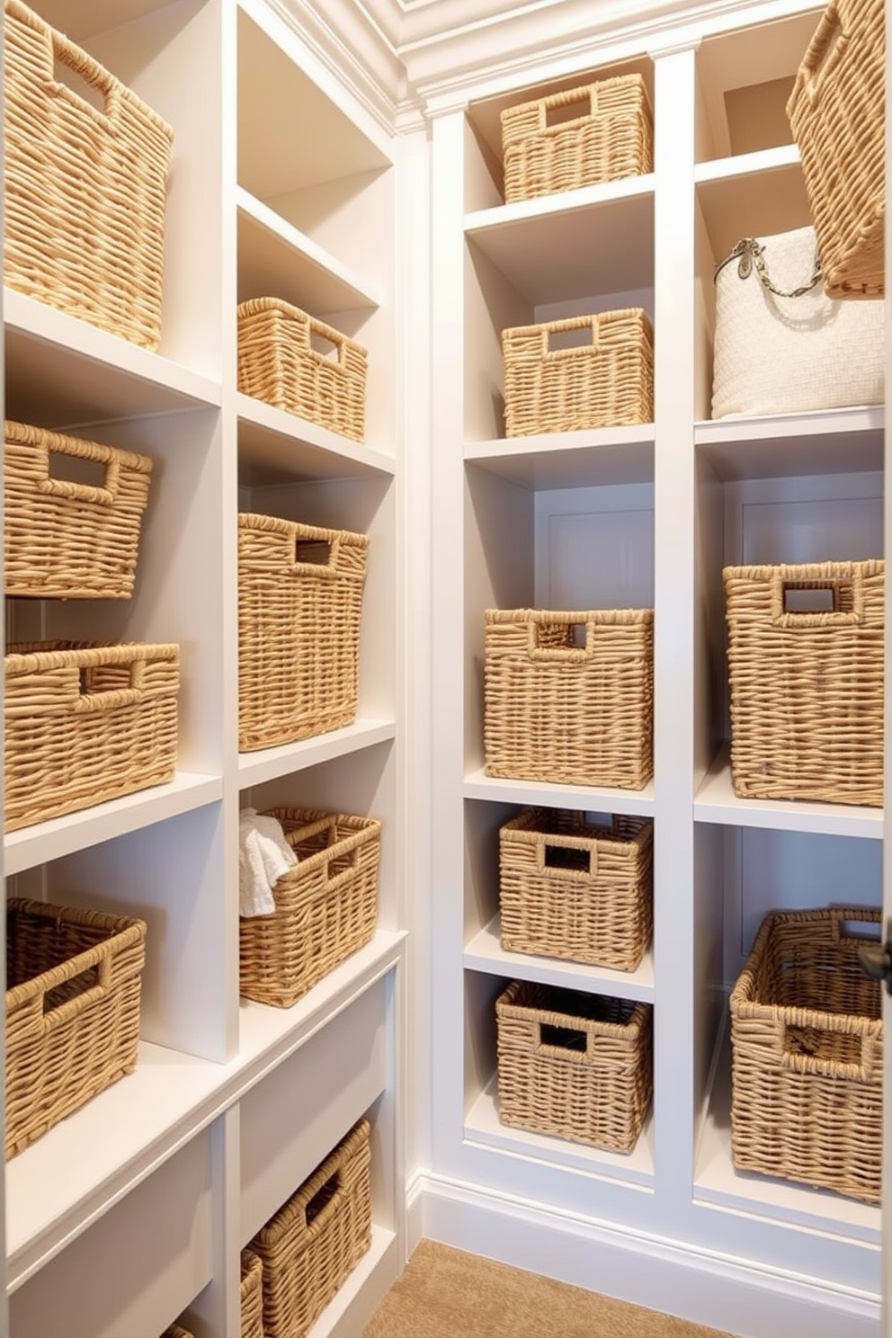 A luxurious walk-in closet featuring glass-front cabinets that showcase an organized collection of shoes and accessories. Soft ambient lighting illuminates the space, highlighting the rich wood tones of the cabinetry and the plush carpet underfoot. The closet includes a central island with a marble top for additional storage and display. Elegant mirrors line the walls, creating a sense of openness and sophistication in the design.