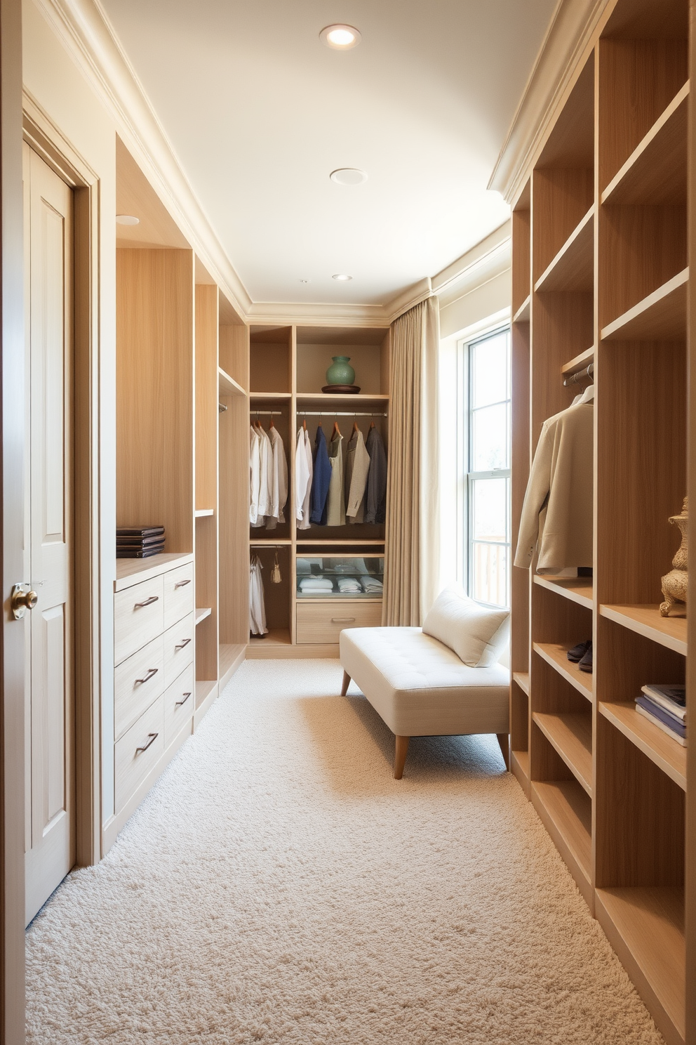 A serene walk-in closet designed with neutral tones to evoke a sense of calmness. The walls are painted in soft beige, complemented by a plush cream carpet underfoot. Built-in shelving and hanging spaces are crafted from light wood, providing ample storage while maintaining an airy feel. A cozy seating area with a minimalist bench is placed near a large window, allowing natural light to illuminate the space.