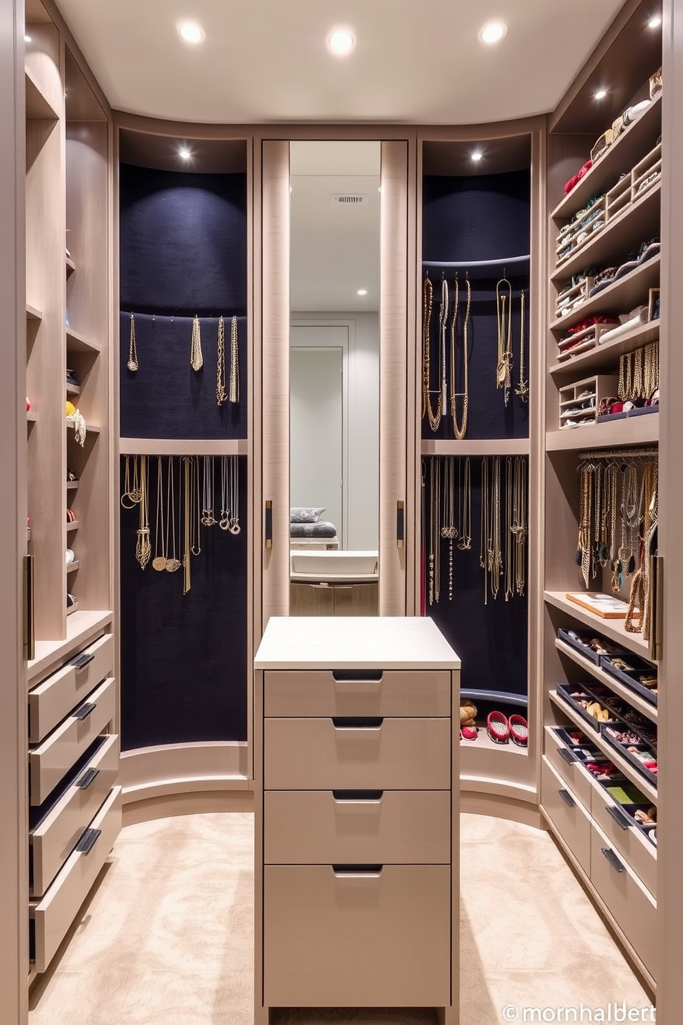 A dedicated space for jewelry organization features a sleek, custom-built cabinetry with multiple drawers and compartments. The walls are lined with soft velvet to protect delicate pieces, and a large mirror is positioned to reflect the elegance of the jewelry display. The walk-in closet is designed with ample lighting, highlighting the organized arrangement of necklaces, bracelets, and rings. A chic island in the center provides additional storage and a stylish surface for selecting accessories.