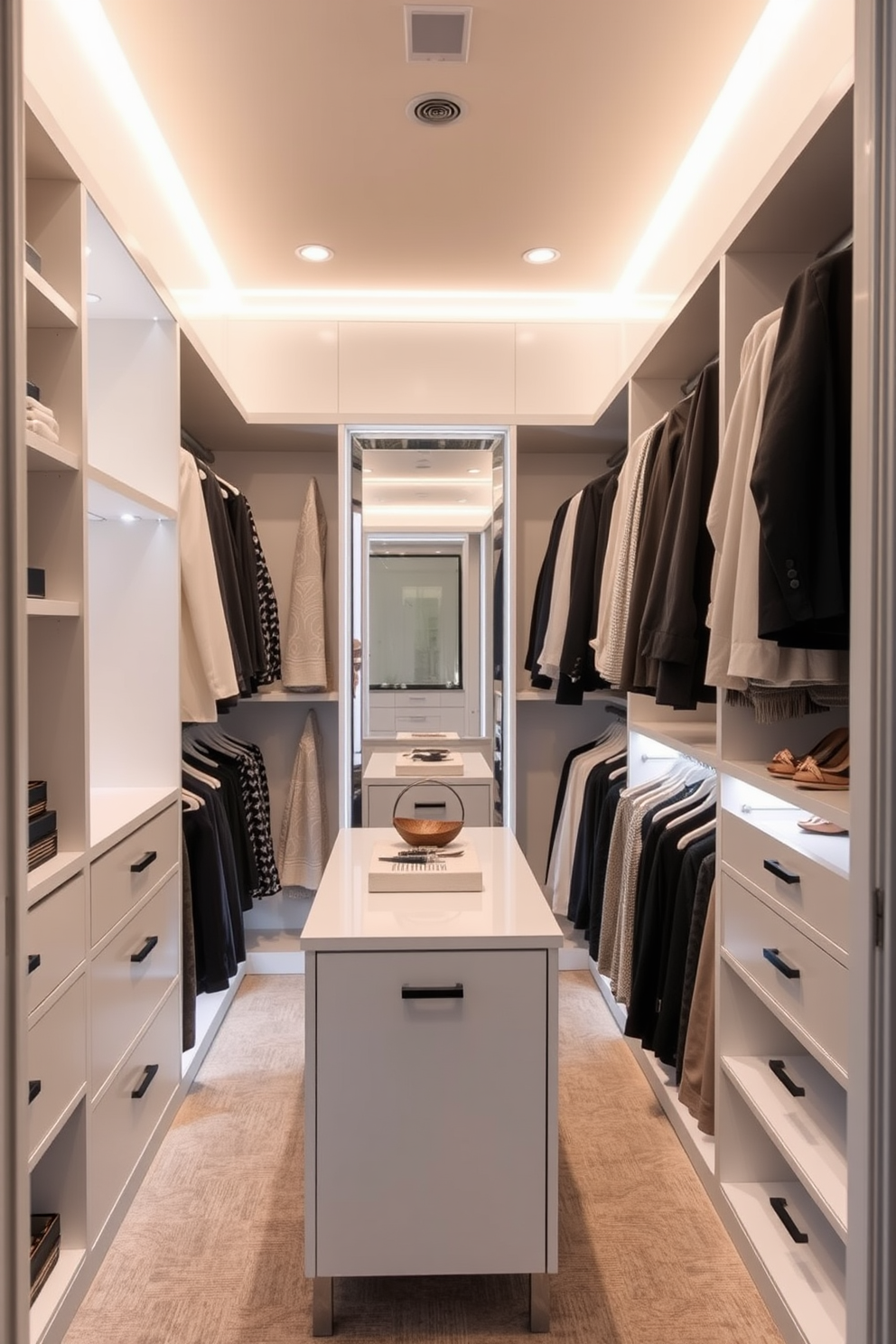 A stylish walk-in closet designed for seasonal clothing rotation. The space features custom shelving and hanging rods to accommodate both summer and winter wardrobes, with a central island for accessories. Soft LED lighting illuminates the closet, highlighting a neutral color palette of whites and grays. A full-length mirror is strategically placed to enhance the sense of space and functionality.