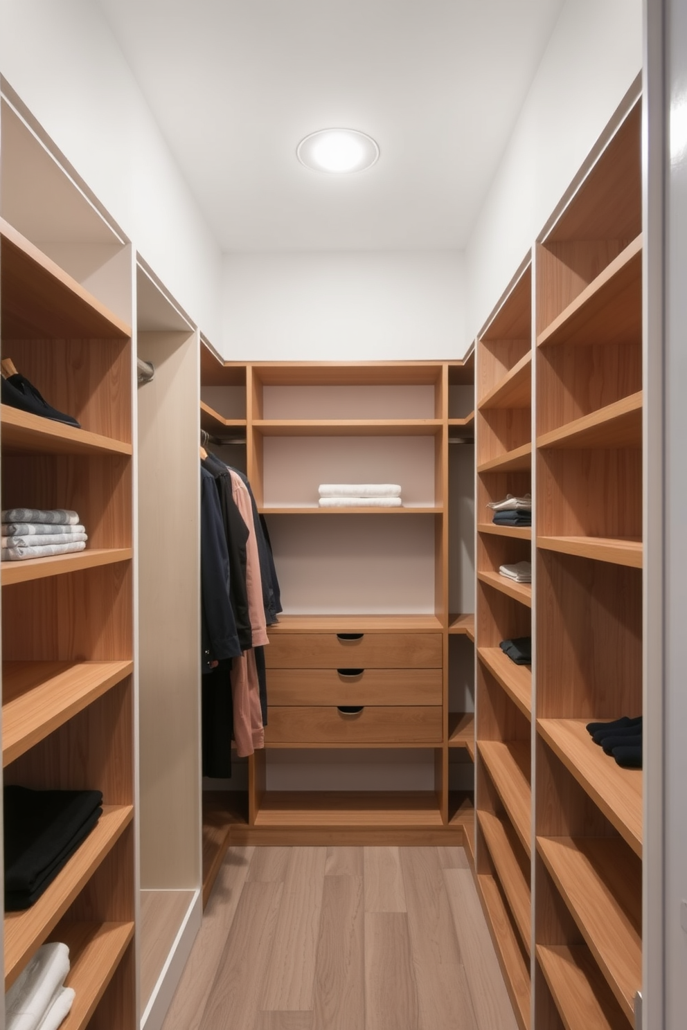 A stylish walk-in closet featuring color-coordinated clothing arranged neatly on wooden shelves. The walls are painted in a soft neutral tone, and the floor is adorned with a plush area rug for added comfort. Mirrored sliding doors reflect the organized space, while elegant lighting fixtures illuminate the area. A central island with drawers provides additional storage for accessories and jewelry, enhancing the overall functionality.