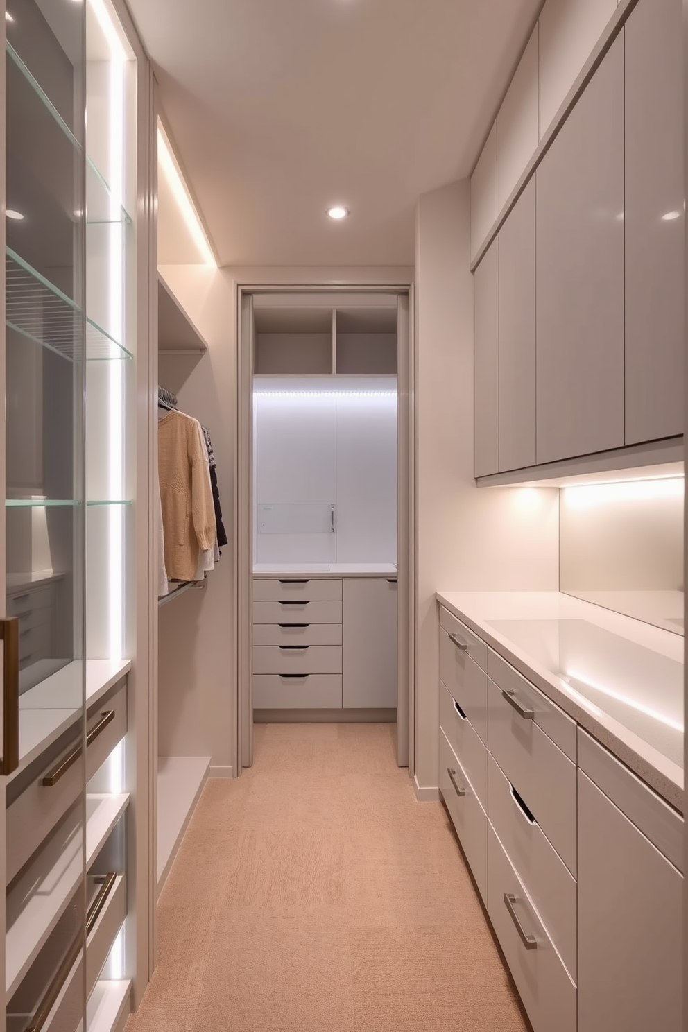 A modern walk-in closet featuring smart technology for closet management. The space includes automated shelving that adjusts to accommodate different items and a built-in lighting system that activates as the door opens. The design incorporates sleek cabinetry with touch-activated drawers and a digital inventory system displayed on a touchscreen panel. Soft, neutral colors and luxurious materials create an inviting atmosphere, while a full-length mirror enhances the sense of space and functionality.