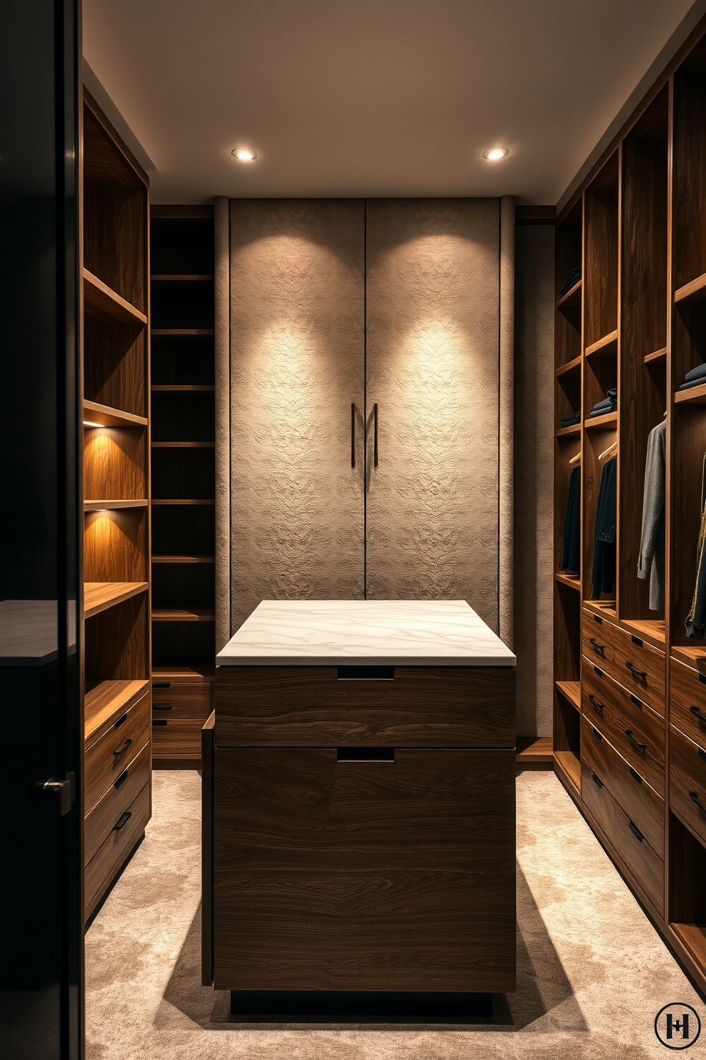 A luxurious walk-in closet featuring textured materials that create visual interest. The walls are adorned with a soft velvet finish, while the shelving units showcase a combination of reclaimed wood and sleek metal accents. The center island is topped with a polished marble surface and includes stylish storage compartments. Ambient lighting highlights the rich textures and adds a warm glow to the space, enhancing the overall elegance of the design.