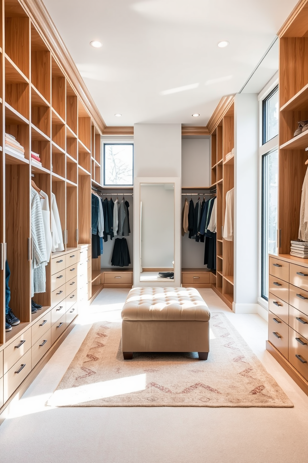 A spacious walk-in closet bathed in natural light from large windows. The walls are lined with elegant wooden shelves and hanging rods, featuring a plush ottoman in the center for seating. Soft neutral tones dominate the space, complemented by a stylish area rug. A full-length mirror is strategically placed to enhance the bright and airy feel of the closet.