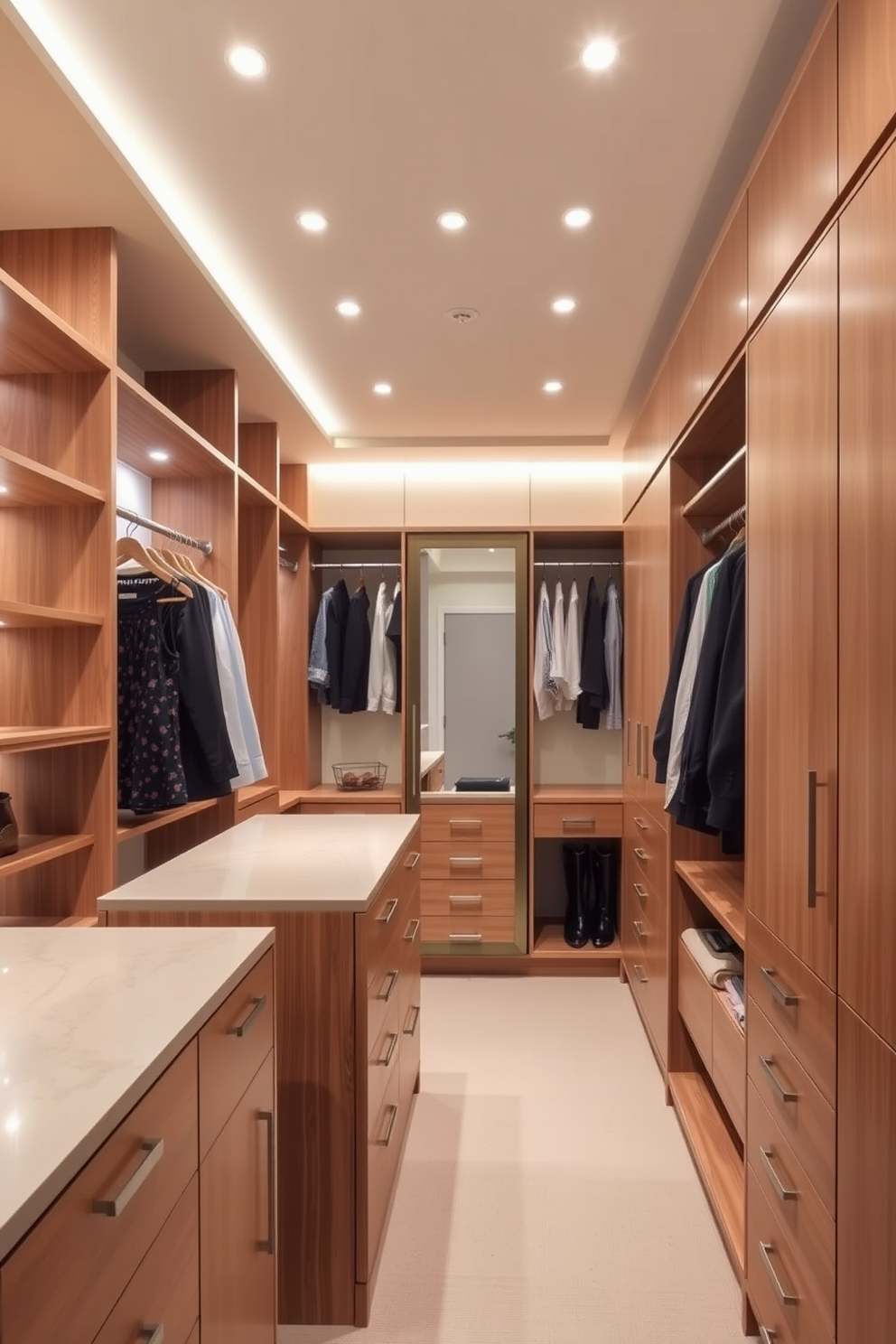 A spacious walk-in closet featuring a functional layout that allows for easy navigation. The design includes custom shelving, hanging rods at varying heights, and a central island with drawers for accessories. Soft, ambient lighting illuminates the space, enhancing the warm wood finishes and neutral color palette. A full-length mirror is positioned to create the illusion of more space while providing a practical dressing area.