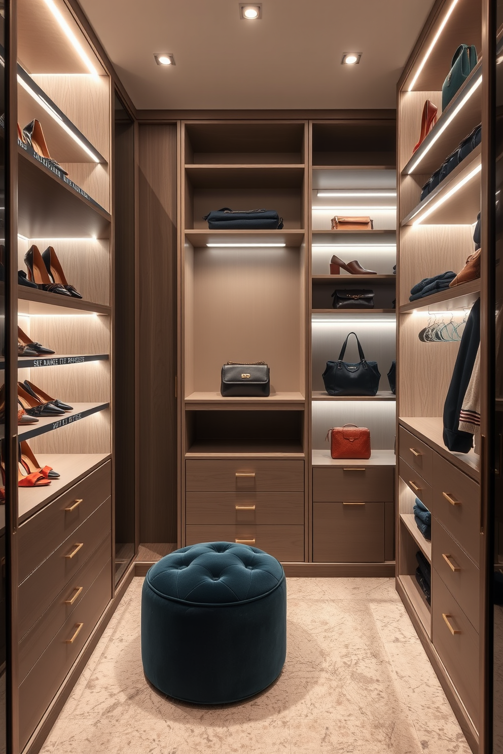 A luxurious walk-in closet featuring hidden compartments for valuable storage. The design includes sleek cabinetry with discreet pull-out drawers and shelving that maximizes space while ensuring security for prized possessions. Soft ambient lighting highlights the organized layout, creating an inviting atmosphere. Elegant mirrors and plush carpeting enhance the overall sophistication of the space.