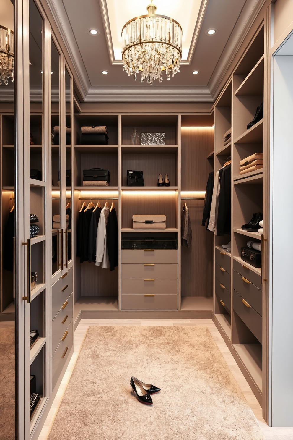 A modern walk-in closet design featuring adjustable shelving that allows for flexible arrangements. The space is illuminated with soft LED lighting, creating a warm and inviting atmosphere. The shelving is crafted from light wood, providing a sleek and contemporary look. A plush area rug in a neutral tone adds comfort underfoot, while a full-length mirror reflects the organized space.