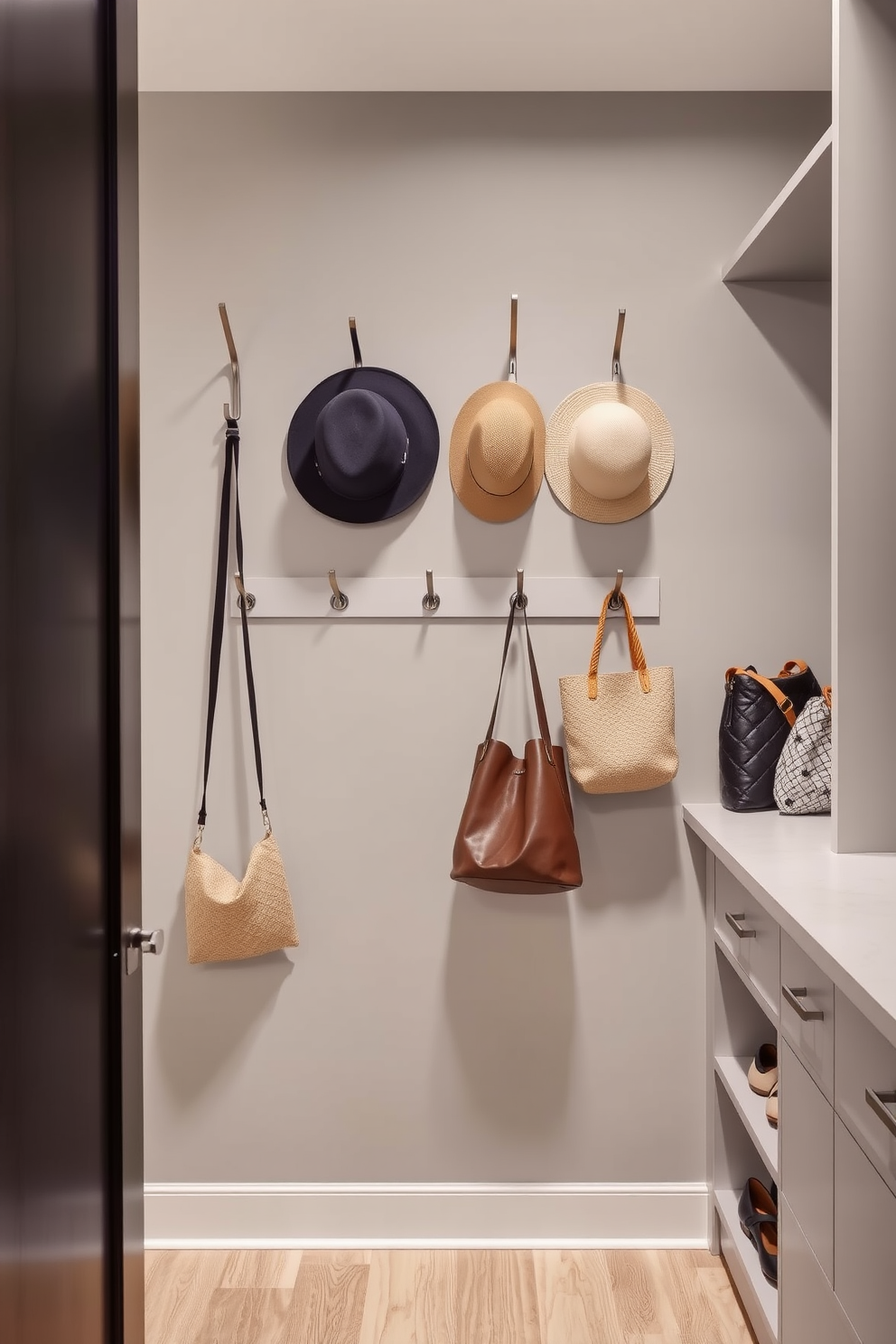 A modern walk-in closet design featuring an organized system of hooks for bags and hats. The walls are painted in a soft gray tone, and the flooring is a light wood that adds warmth to the space. Stylish hooks are mounted at varying heights to accommodate different bag sizes and hats, creating an inviting and functional display. The closet includes built-in shelving for shoes and accessories, ensuring everything has its place while maintaining a sleek aesthetic.