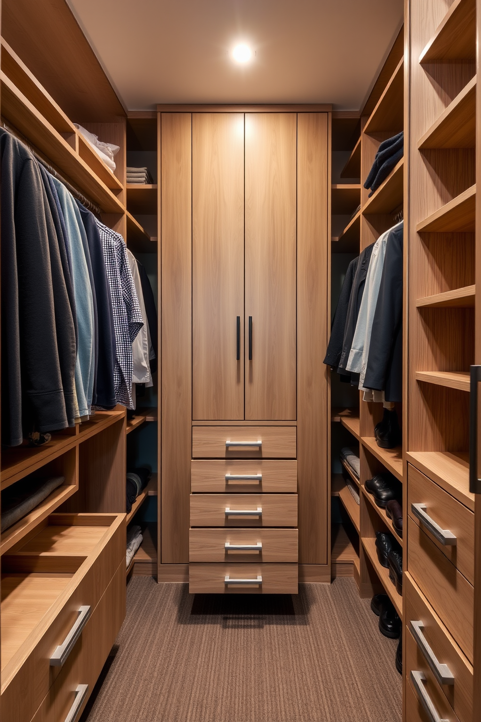 A luxurious walk-in closet featuring soft-close drawers that ensure quiet operation. The space is designed with ample shelving and hanging areas, allowing for organized storage of clothing and accessories.