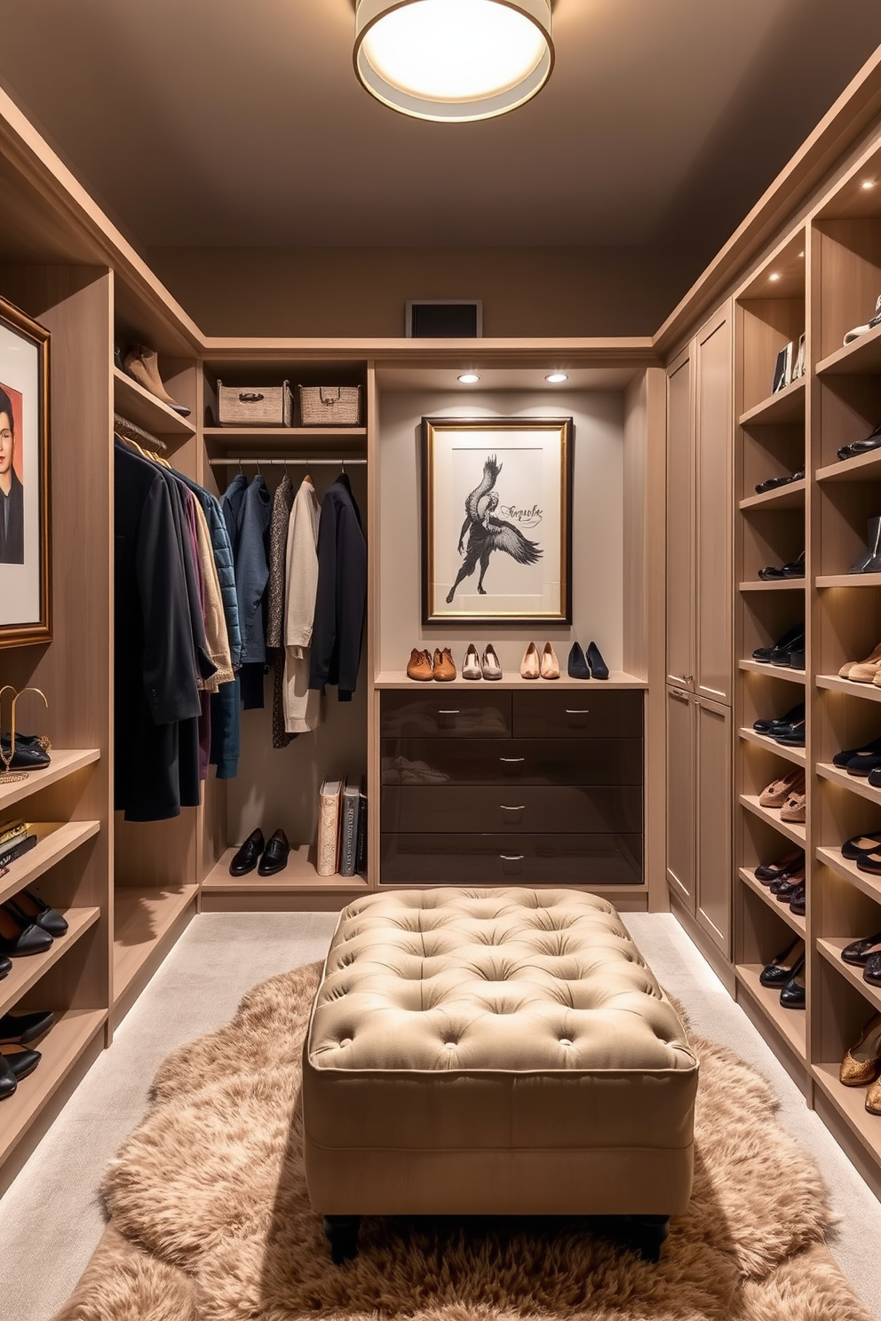 A stylish walk-in closet with ample storage space featuring custom-built shelving and hanging rods. Decorative elements such as a plush area rug and framed artwork add a personal touch to the sophisticated design. Soft, ambient lighting highlights the carefully organized accessories and shoes displayed on open shelves. A comfortable ottoman is placed in the center, providing a cozy spot for putting on shoes or admiring the curated collection.