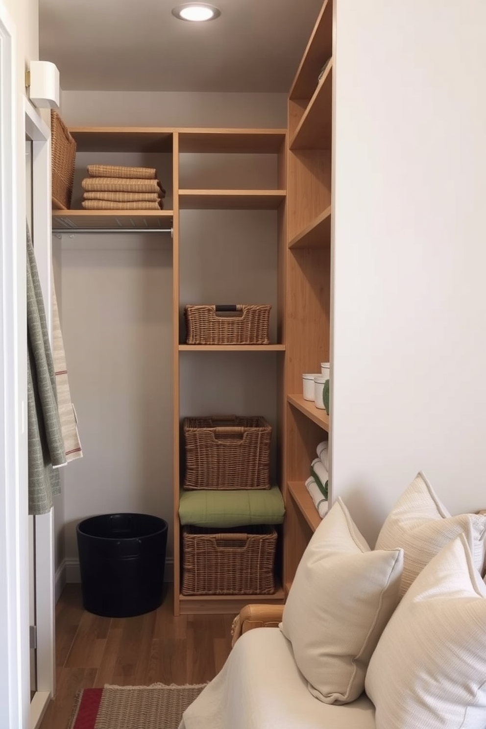 A stylish walk-in closet with unique lighting fixtures that add character to the space. The walls are lined with custom shelving, and the floor is covered in plush carpet for a luxurious feel. Statement pendant lights hang from the ceiling, casting a warm glow over the organized clothing and accessories. A full-length mirror is strategically placed to reflect the lighting and enhance the overall ambiance.