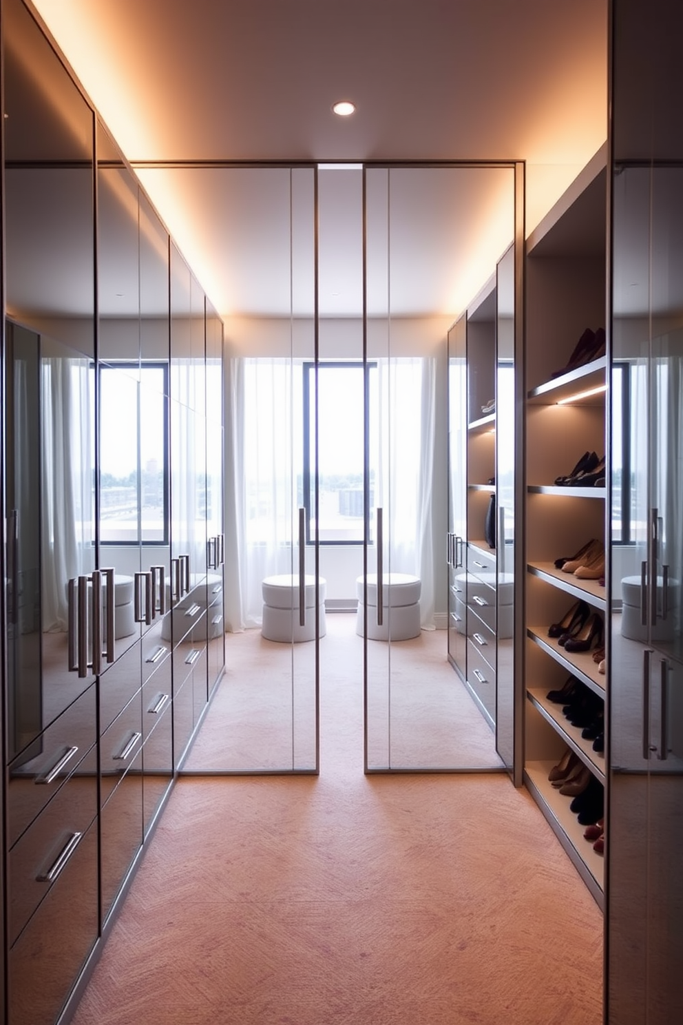 A modern walk-in closet features built-in lighting that illuminates the space effectively. Sleek cabinetry in a light wood finish is complemented by a plush area rug in a neutral tone. The layout includes a central island with drawers for accessories and an elegant mirror that enhances the room's openness. Shelving units are strategically placed to display shoes and handbags, creating a stylish and organized environment.