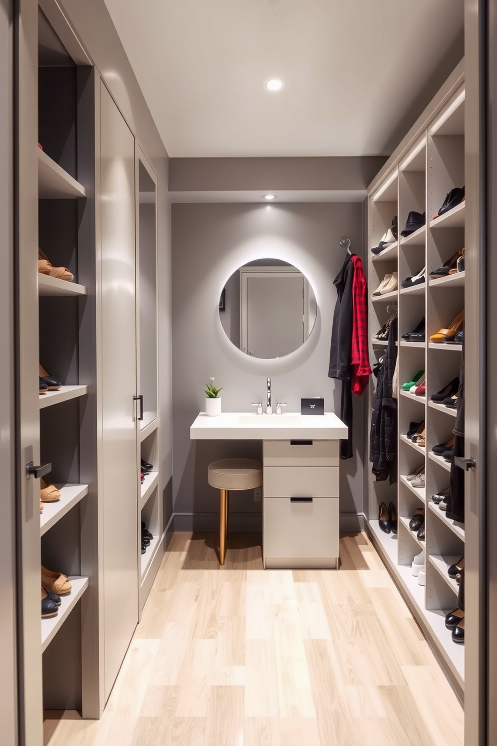 A stylish walk-in closet featuring a small vanity area. The vanity has a sleek white surface with a round mirror above, surrounded by soft ambient lighting. On one side of the closet, there are organized shelves displaying shoes and accessories. The walls are painted a soft gray, and the flooring is a light wood that adds warmth to the space.