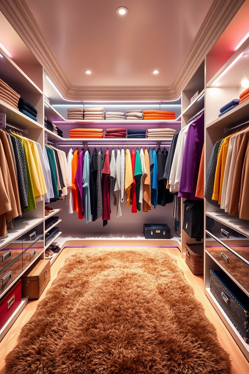 A modern walk-in closet featuring sliding doors that maximize space efficiency. The design includes built-in shelves and hanging racks, with a plush rug underfoot for added comfort.