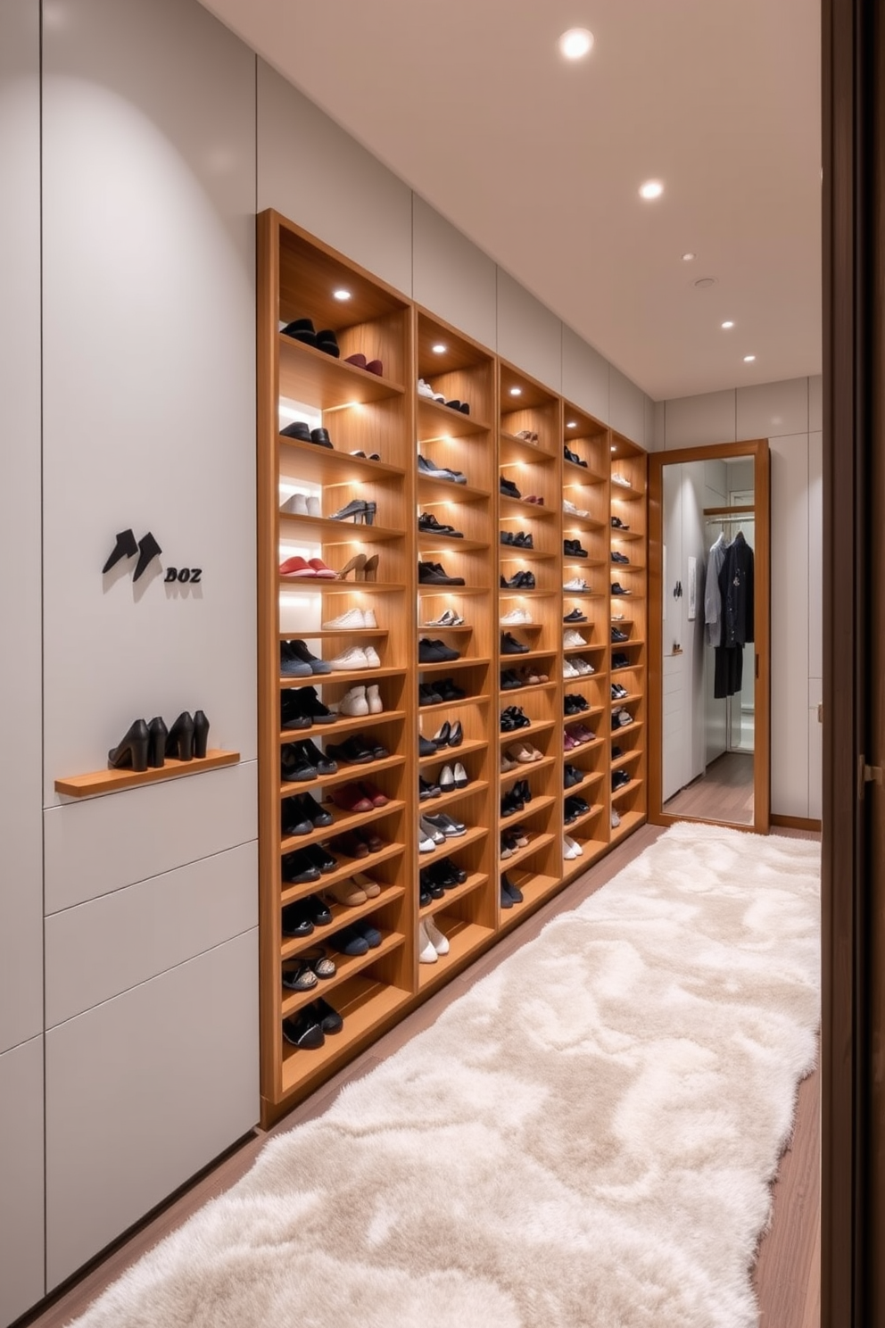 A stylish walk-in closet with built-in shoe racks for optimal organization. The shoe racks are crafted from sleek wood and feature a modern design that complements the overall aesthetic of the space. The walls are adorned with soft lighting that highlights the neatly arranged shoes. A plush area rug adds warmth, while a full-length mirror enhances the sense of space and luxury.