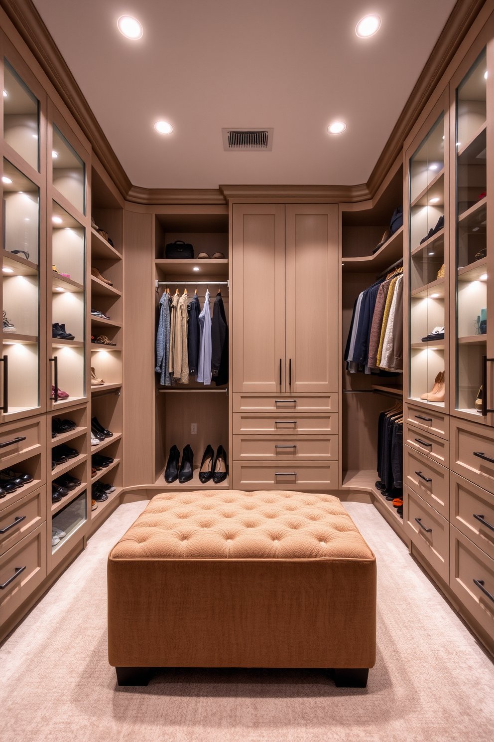 A luxurious walk-in closet featuring mirrored accents that reflect light and create an illusion of spaciousness. The design includes custom shelving and hanging spaces, elegantly arranged to showcase a curated collection of clothing and accessories. Soft ambient lighting highlights the mirrored surfaces, enhancing the overall sophistication of the space. A plush ottoman sits in the center, providing a comfortable spot to sit while selecting outfits.