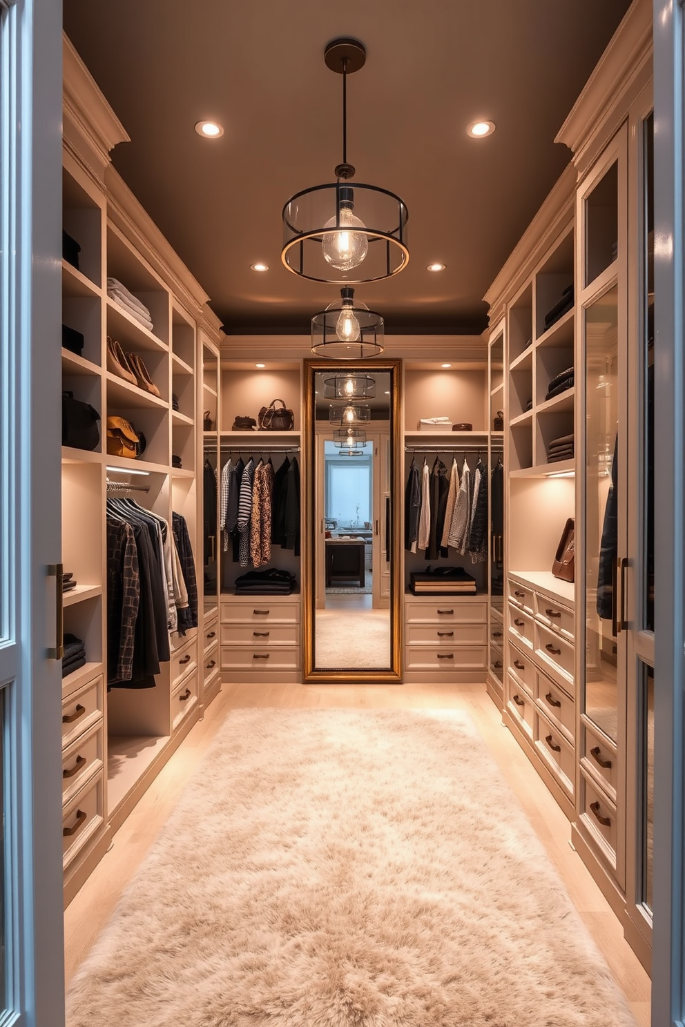 A stylish walk-in closet featuring elegant lighting fixtures that enhance the overall ambiance. The space is designed with built-in shelving, a plush area rug, and a full-length mirror to create a luxurious atmosphere. The closet is illuminated with pendant lights and recessed lighting that highlight the clothing and accessories. Soft, neutral colors on the walls and cabinetry provide a serene backdrop for an organized and sophisticated storage solution.