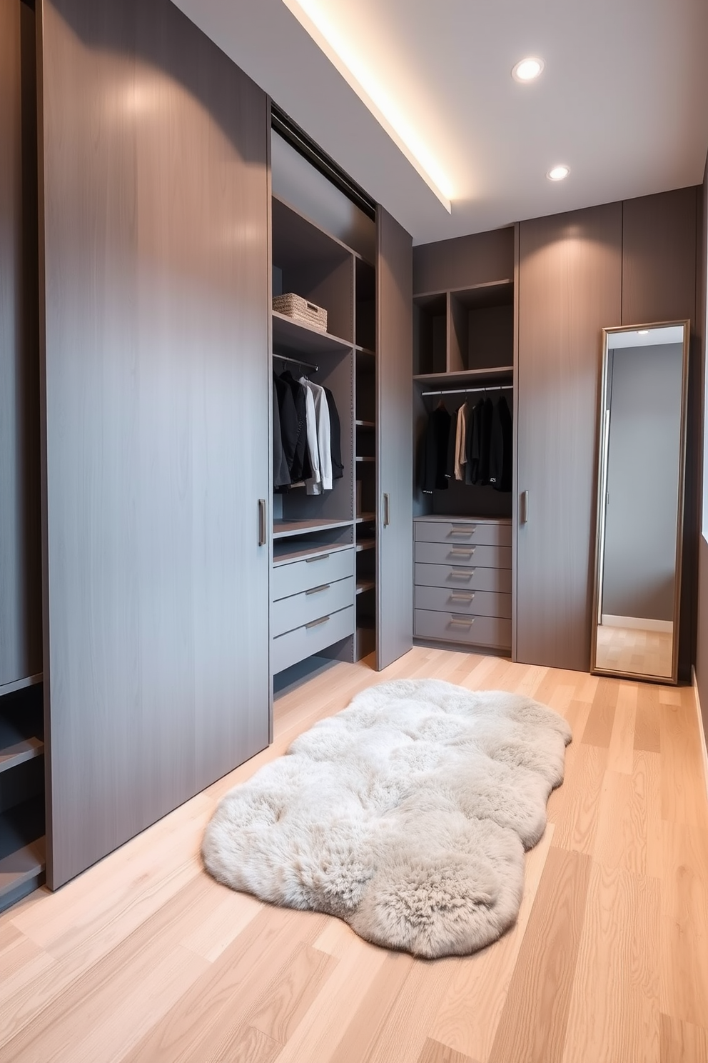 A stylish walk-in closet designed for a condo features vertical storage solutions that maximize height and create an organized space. Shelving units extend from floor to ceiling, offering ample storage for shoes, bags, and accessories, while a sleek ladder provides easy access to the upper shelves. The closet is illuminated with soft, recessed lighting that highlights the elegant finishes of the cabinetry. A plush area rug adds warmth to the space, and a full-length mirror is strategically placed to enhance functionality and style.