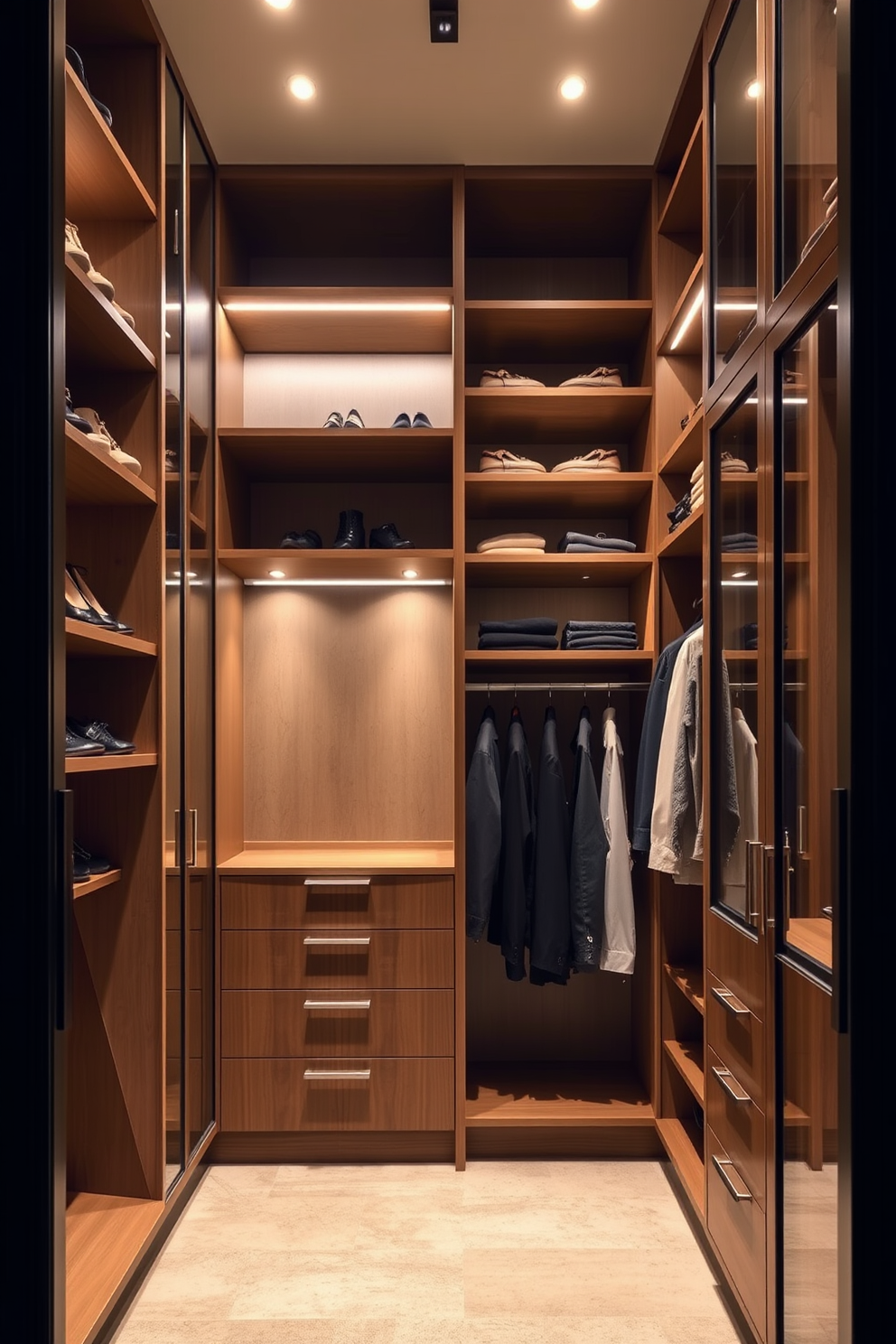 A modern walk-in closet designed for a condo with vertical storage solutions that maximize height. Shelving units reach up to the ceiling, providing ample space for shoes and accessories, while a sleek ladder allows easy access to upper shelves. The closet features a combination of open and closed storage, with elegant glass-front cabinets and hanging rods for clothing. Soft lighting illuminates the space, highlighting the rich wood finishes and creating a warm, inviting atmosphere.