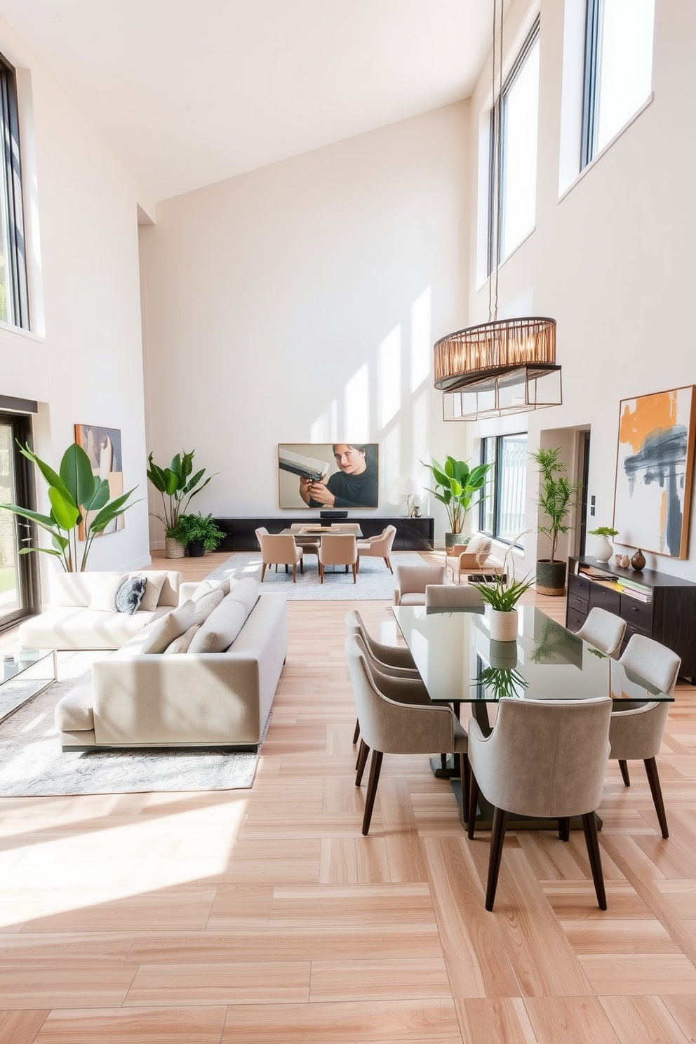 A spacious open concept living and dining area features a sleek sectional sofa in a neutral tone paired with a glass coffee table. The dining area includes a modern rectangular table surrounded by stylish upholstered chairs, with a statement light fixture hanging above. Large windows allow natural light to flood the space, highlighting the light hardwood flooring and fresh greenery from potted plants. The walls are adorned with abstract art pieces that add a pop of color and personality to the contemporary design.