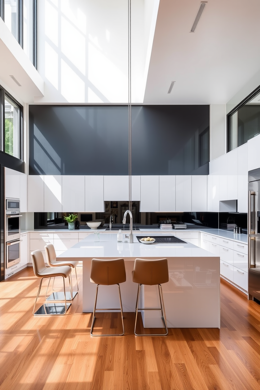 A sleek kitchen features a large central island with comfortable seating for four. The cabinetry is a glossy white finish, complemented by stainless steel appliances and a striking black backsplash. Natural light floods the space through expansive windows, highlighting the open layout and modern fixtures. The floor is a warm hardwood, adding a touch of elegance to the contemporary design.