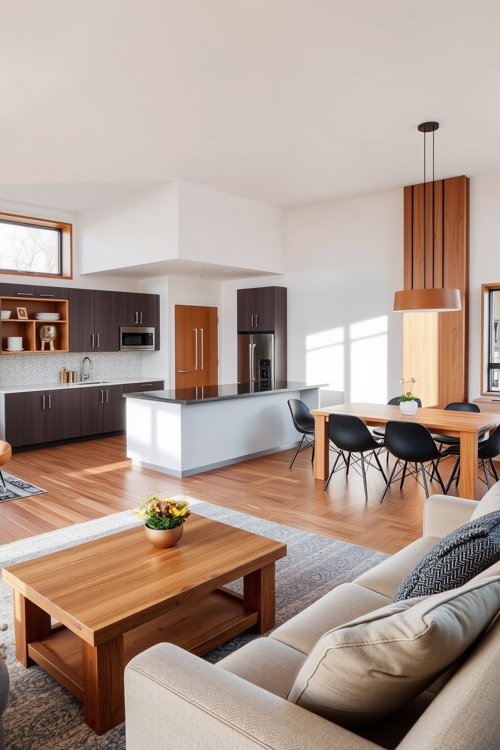 A contemporary apartment featuring natural wood elements throughout the space. The living area includes a warm wooden coffee table paired with a plush sofa and large windows that allow natural light to flood the room. In the kitchen, sleek cabinetry is complemented by wooden shelves showcasing decorative items. The dining area features a wooden dining table surrounded by stylish chairs, creating an inviting atmosphere for gatherings.